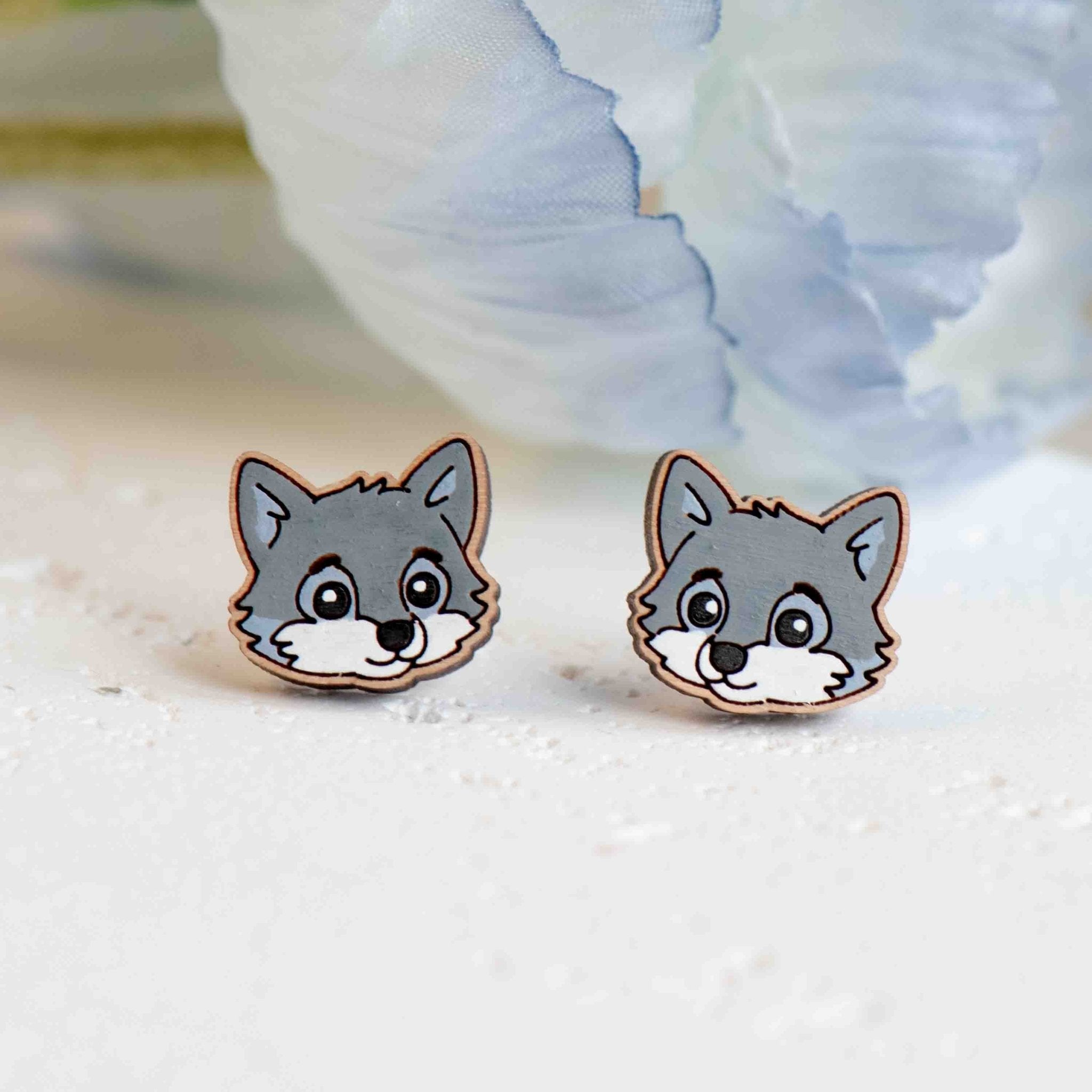 Hand - painted Baby Wolf Face Wooden Stud Earrings - PEL10440 - Robin Valley Official Store