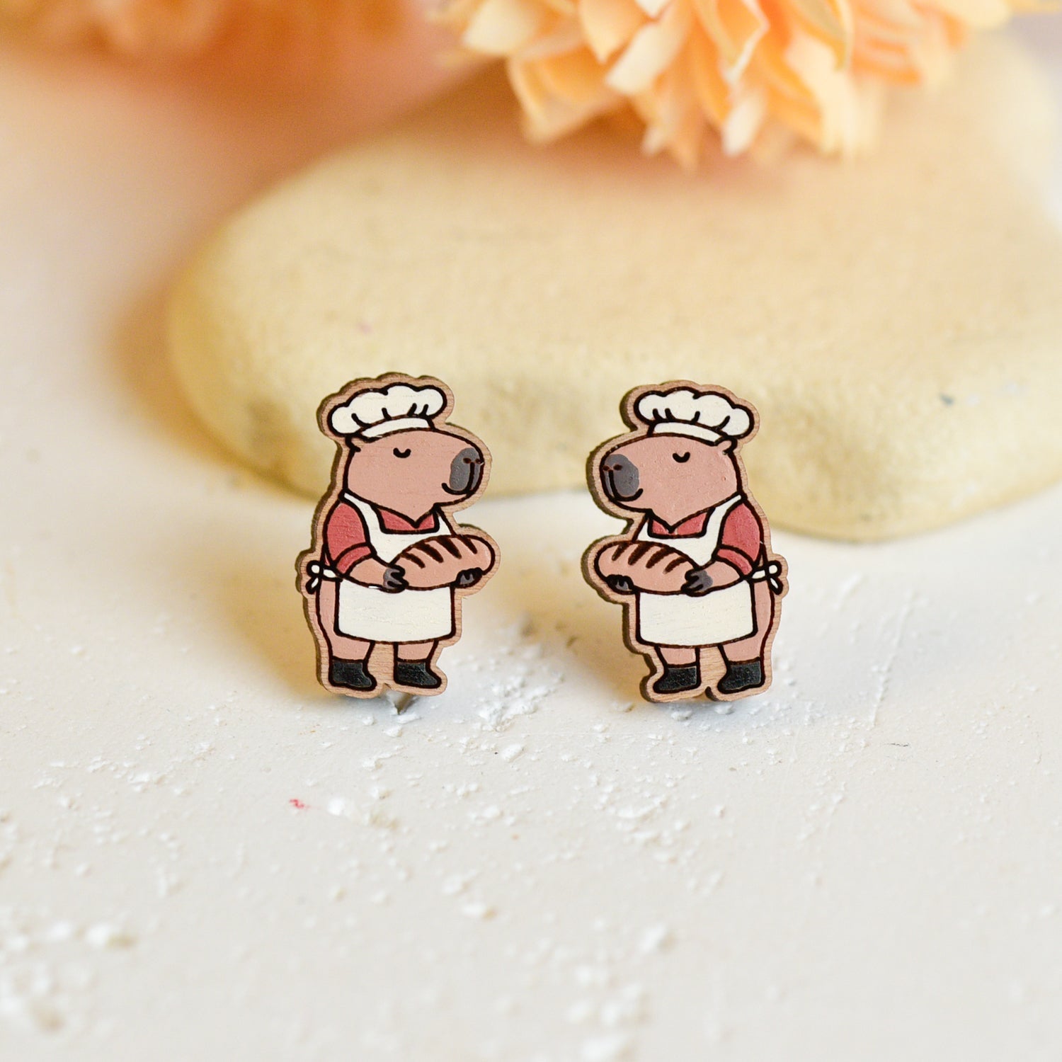 Hand - painted Baker Capybara Wooden Earrings - Robin Valley Official Store