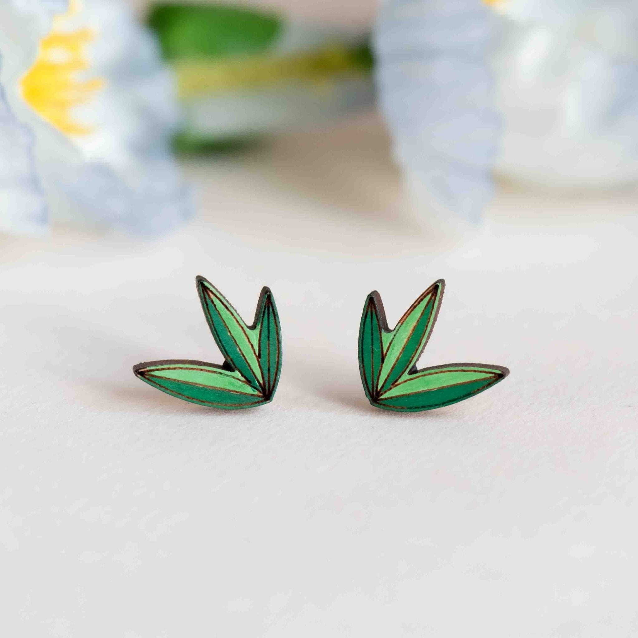 Hand - Painted Bamboo Leaf Wooden Earrings - PEO14181 - Robin Valley Official Store