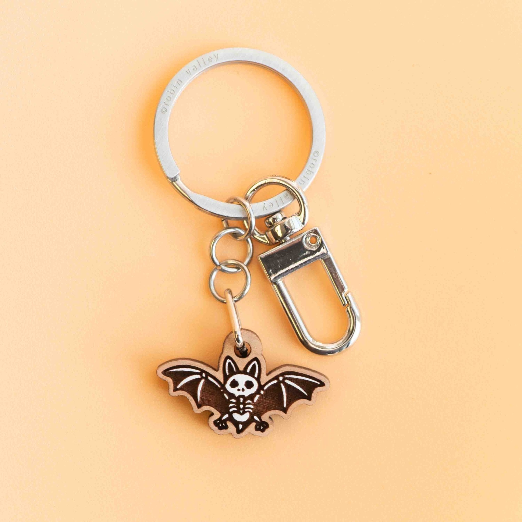 Hand - painted Bat Skeleton Wooden Keyring - KO24002 - Robin Valley Official Store