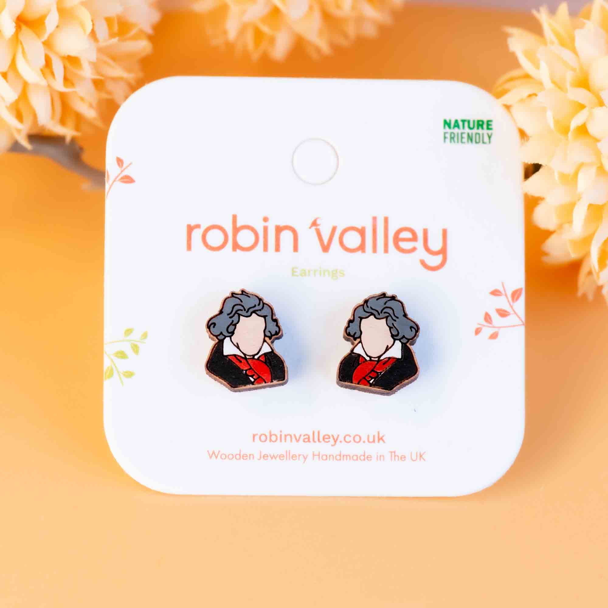 Hand - painted Beethoven Portrait Wooden Earrings - PEA16004 - Robin Valley Official Store