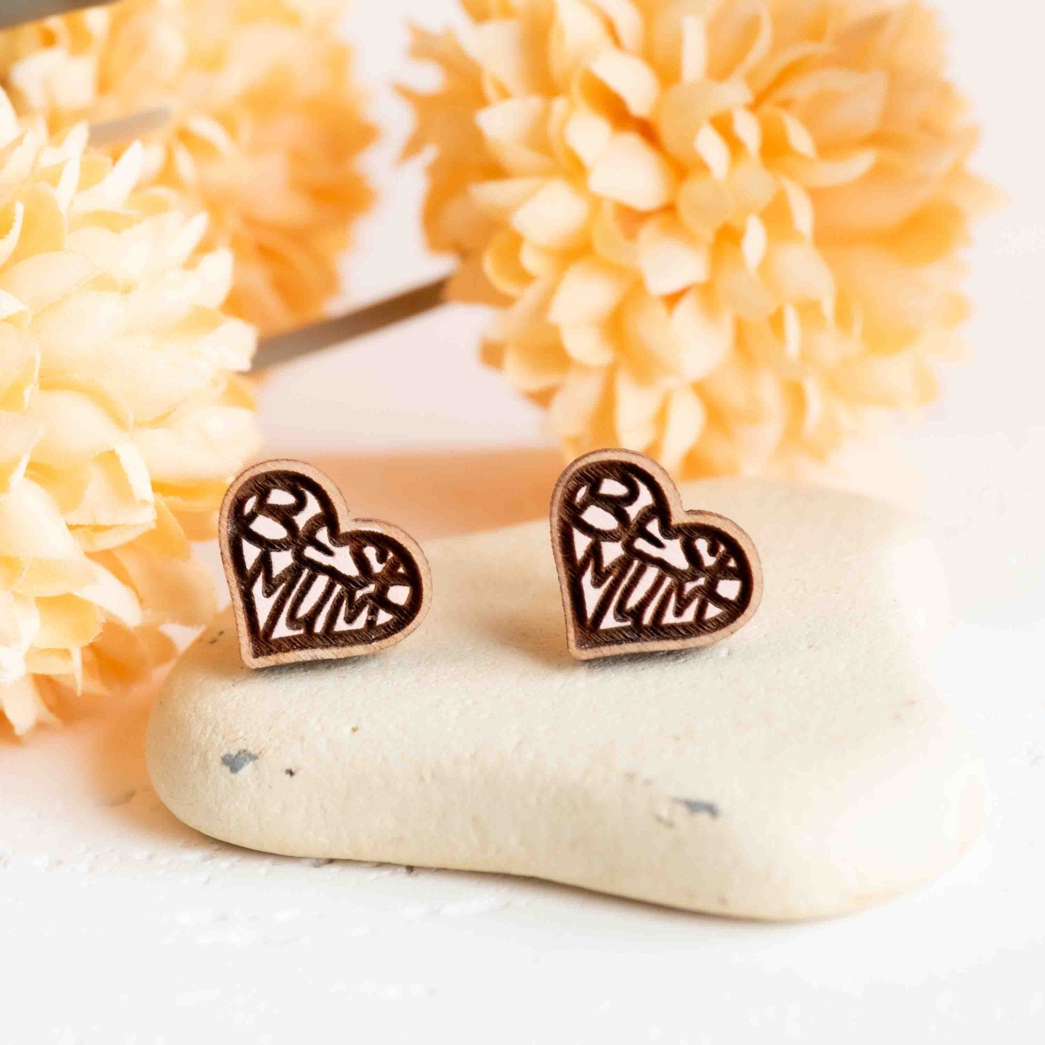 Hand - painted Best Mum Heart Wooden Earrings - PEO14223 - Robin Valley Official Store