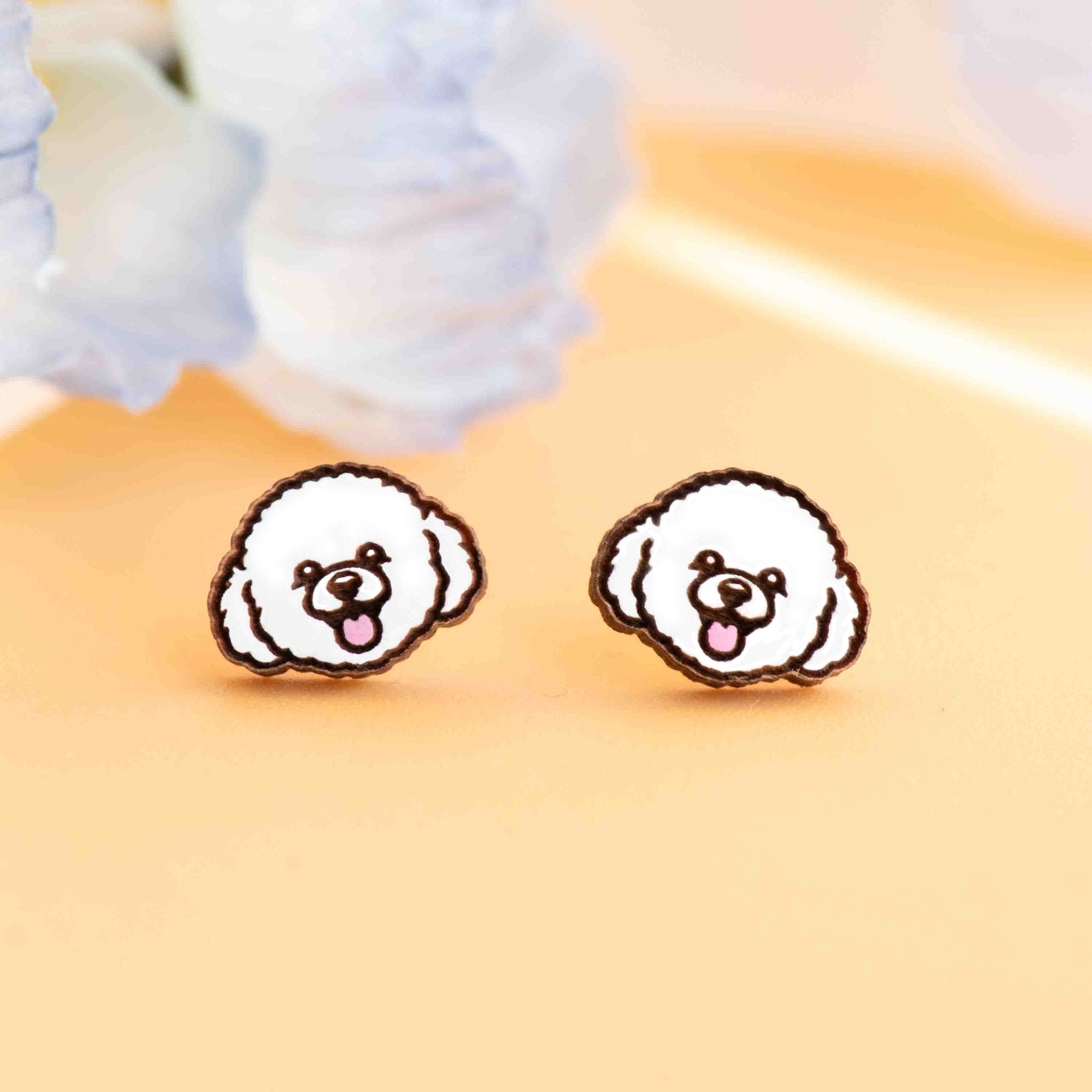 Hand - painted Bichon Wooden Earrings - PEL10406 - Robin Valley Official Store