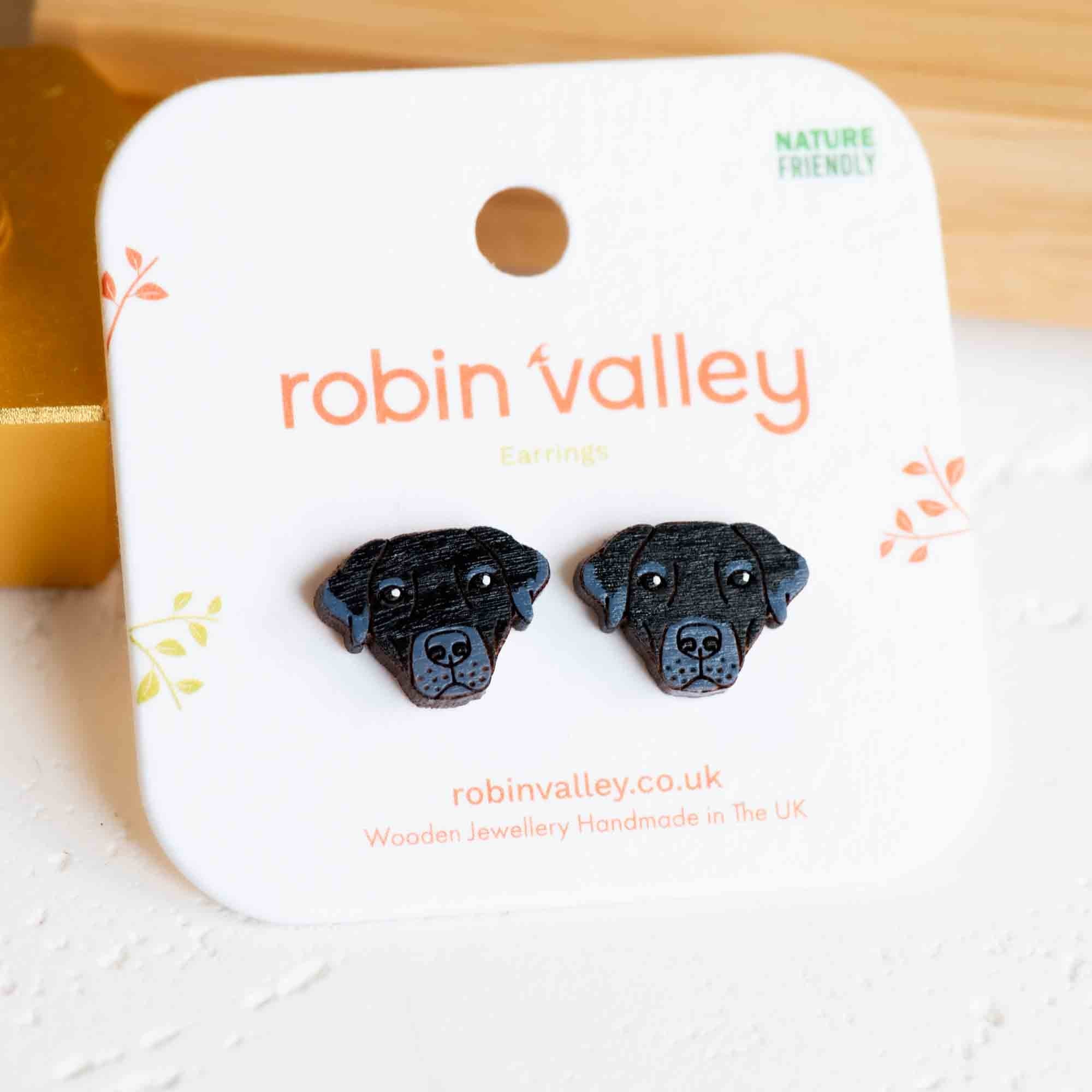 Hand - painted Black Labrador Wooden Earrings - PEL10344 - Robin Valley Official Store