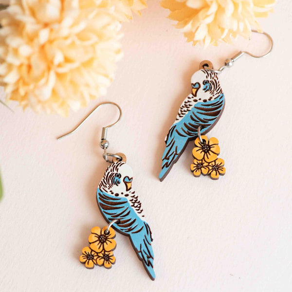 Hand - painted Blue Budgerigar Wooden Hook Earrings - PEB12120D - Robin Valley Official Store