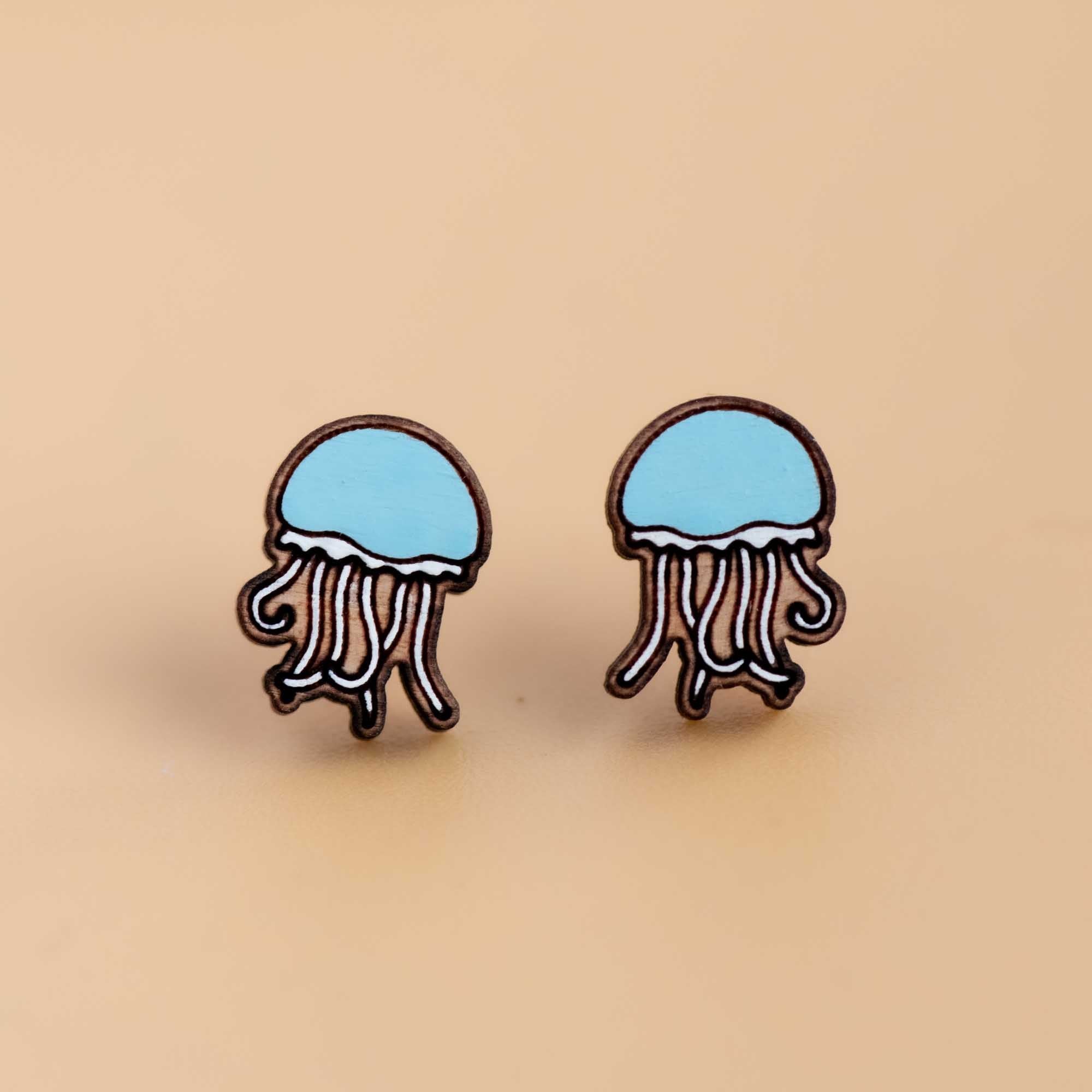 Hand - painted Blue Jellyfish Wooden Earrings - PES13095 - Robin Valley Official Store