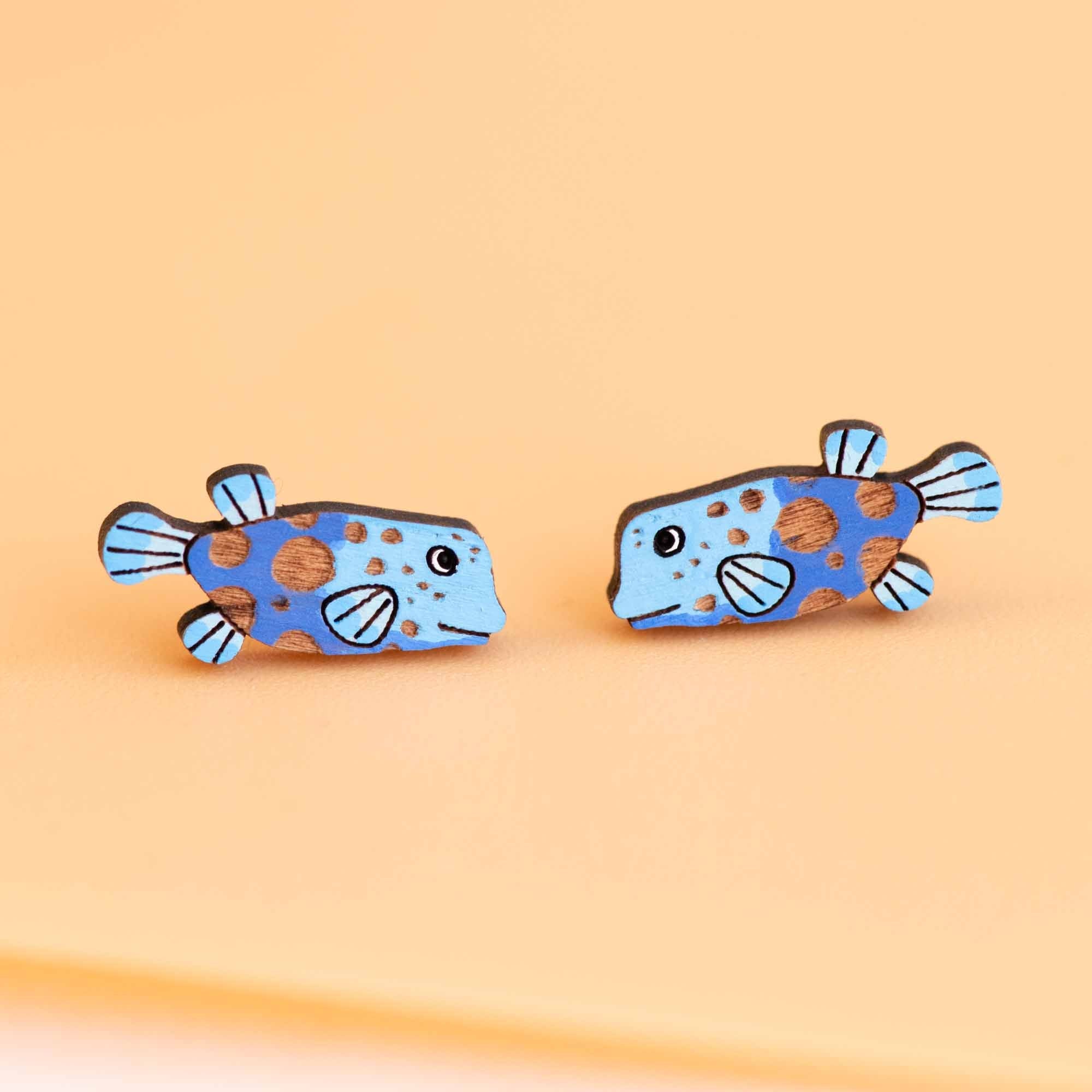 Hand - painted Blue Spotted Boxfish Stud Earrings Wooden Eco - jewellery - PES13121 - Robin Valley Official Store