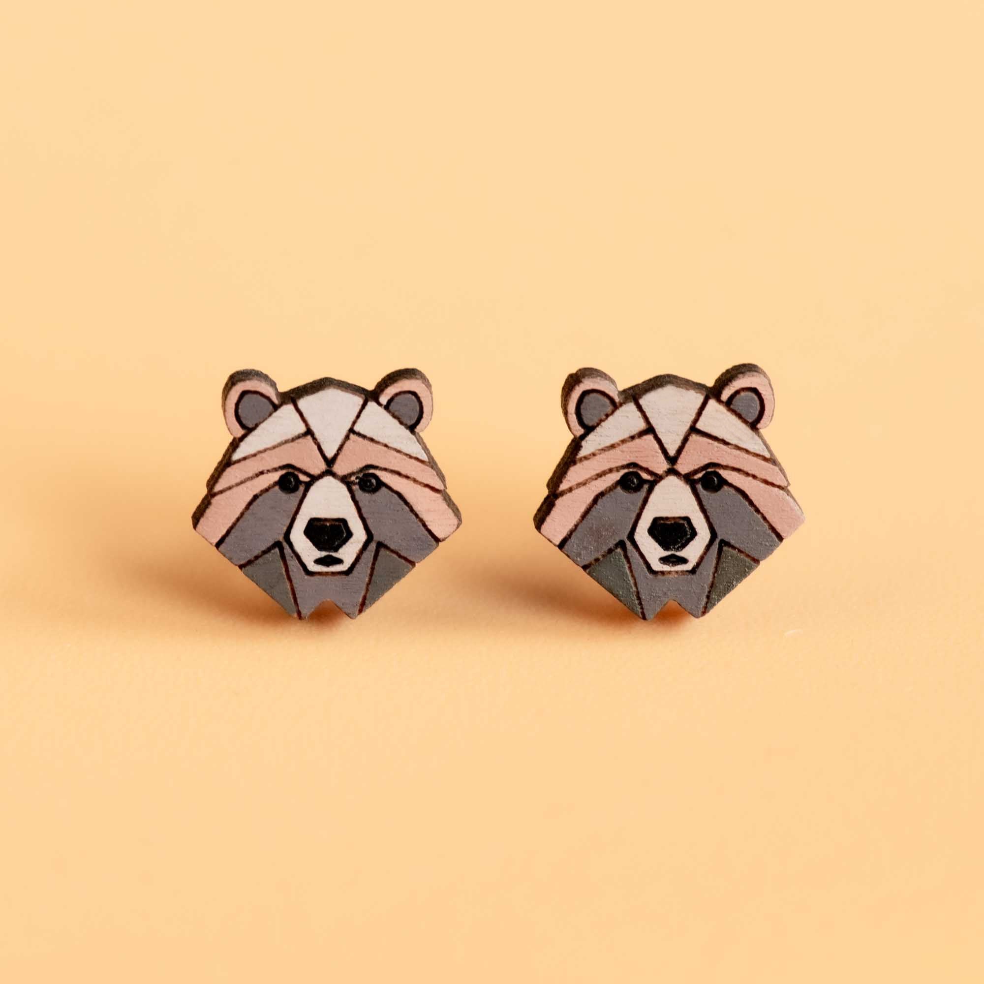 Hand - painted Brown Geometric Bear Wooden Stud Earrings - PEL10306 - Robin Valley Official Store