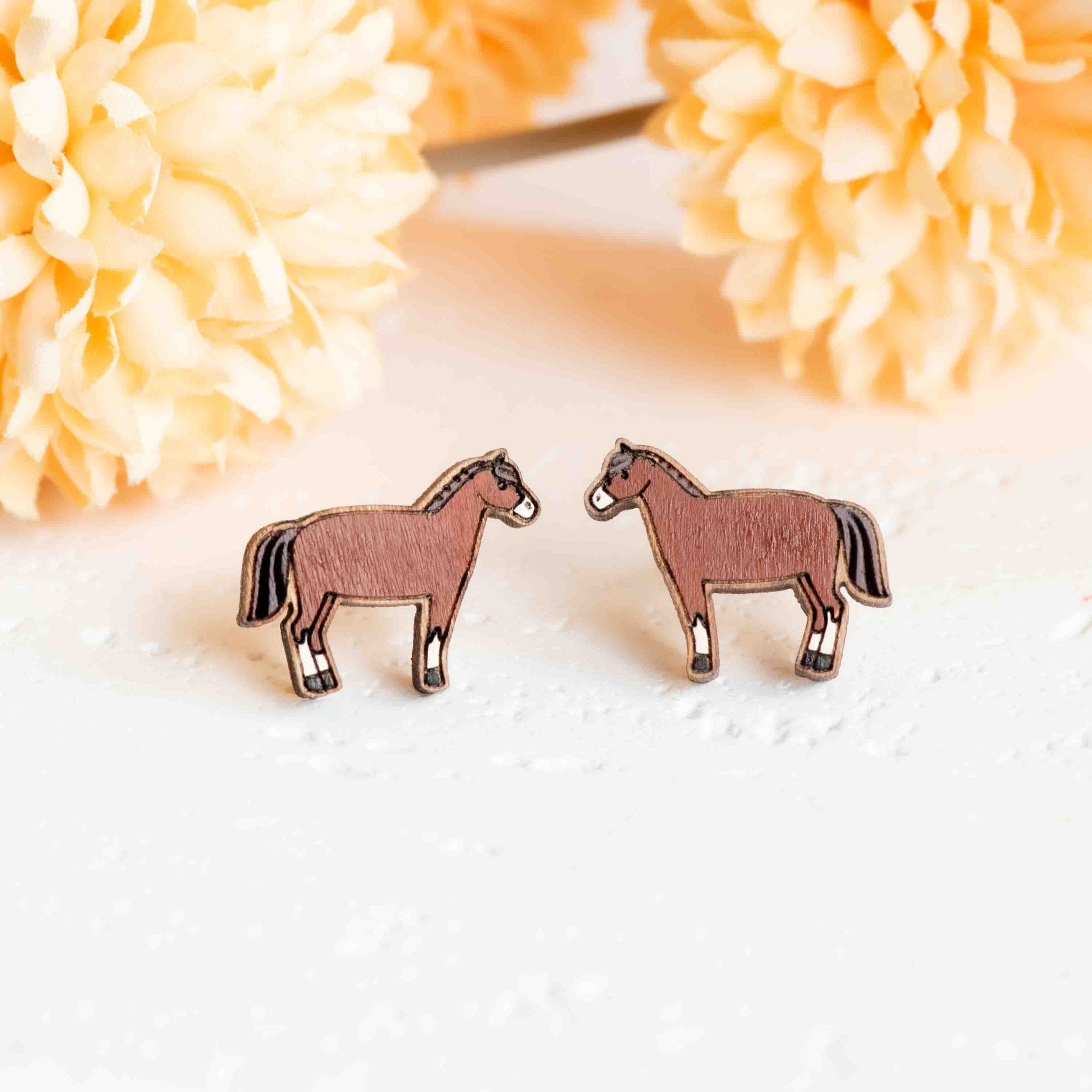 Hand - painted Brown Horse Wooden Stud Earrings - PEL10376 - Robin Valley Official Store