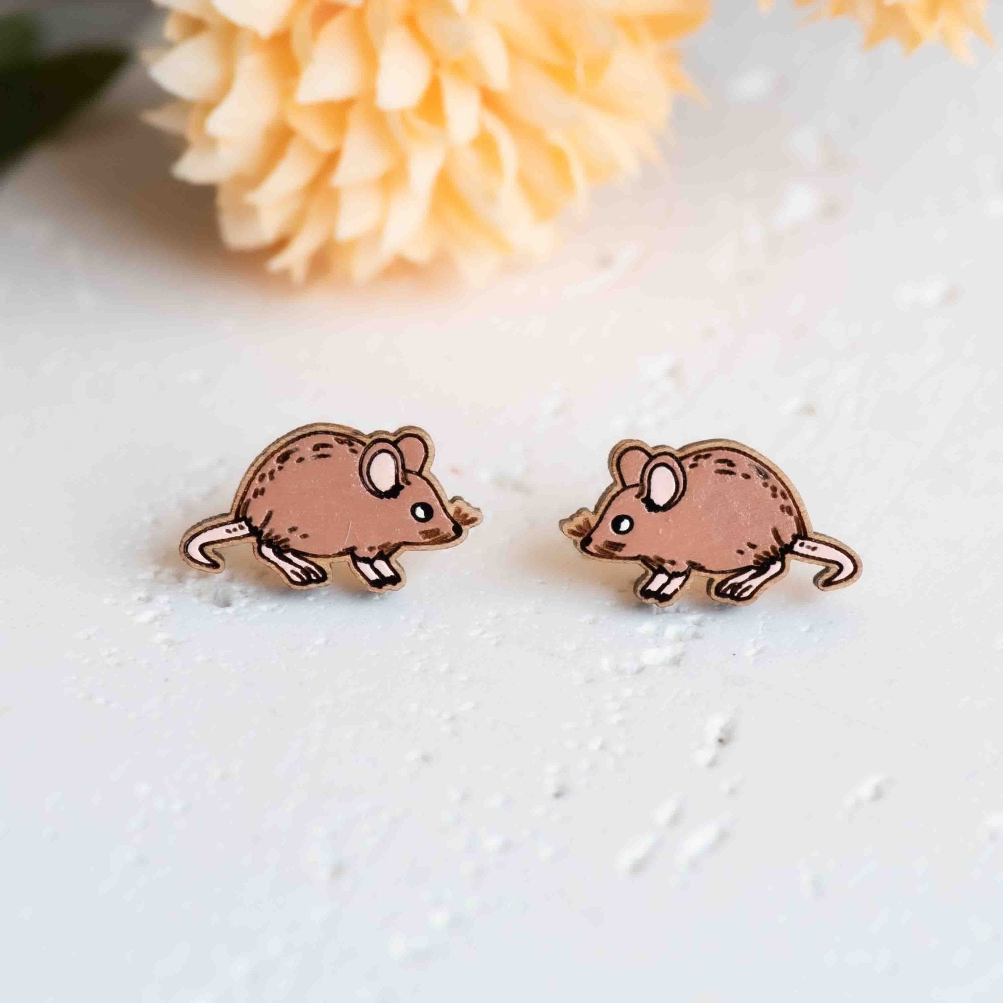 Hand - painted Brown Mouse Wooden Stud Earrings - PEL10446 - Robin Valley Official Store