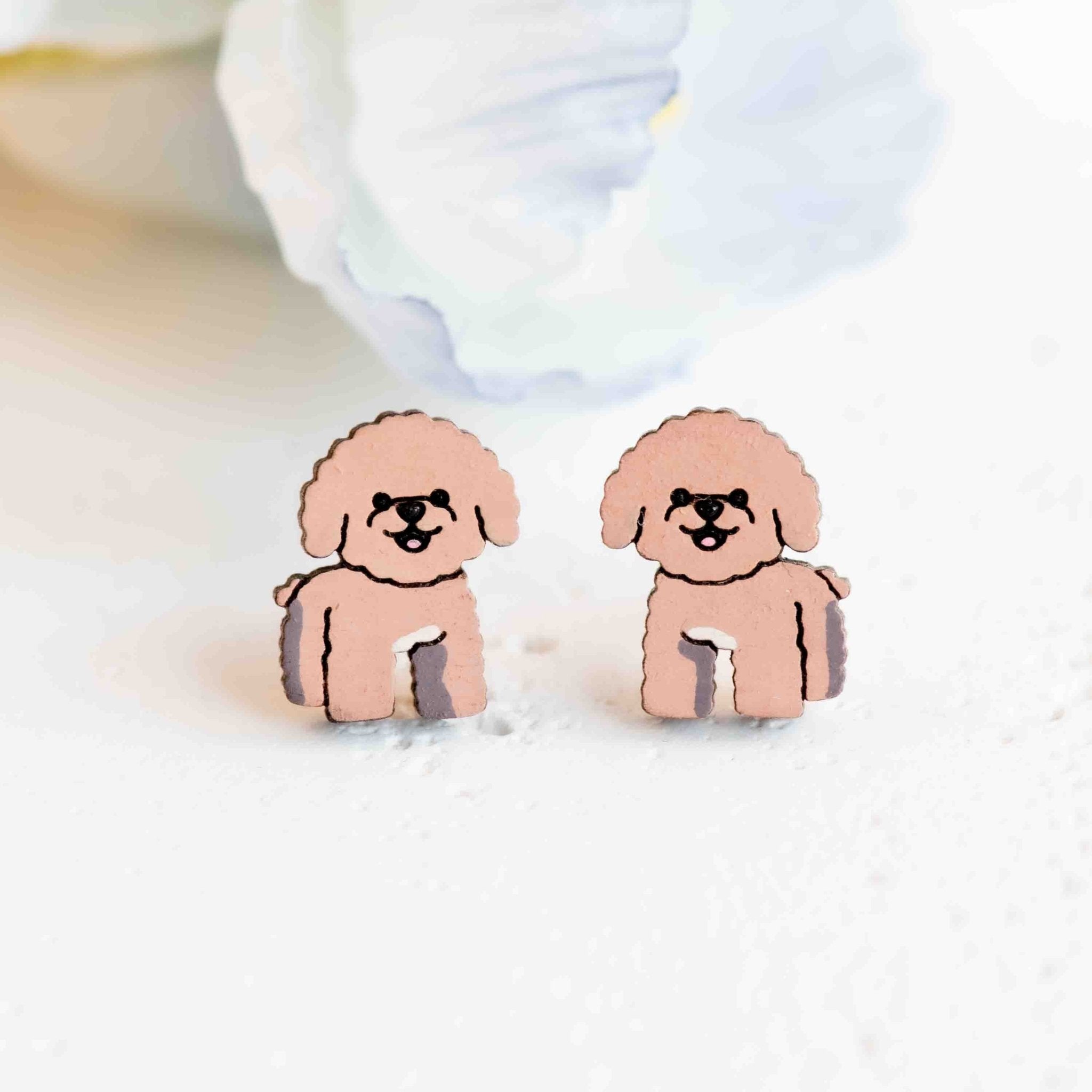 Hand - painted Brown Smiling Poodle Wooden Stud Earrings - PEL10426 - Robin Valley Official Store
