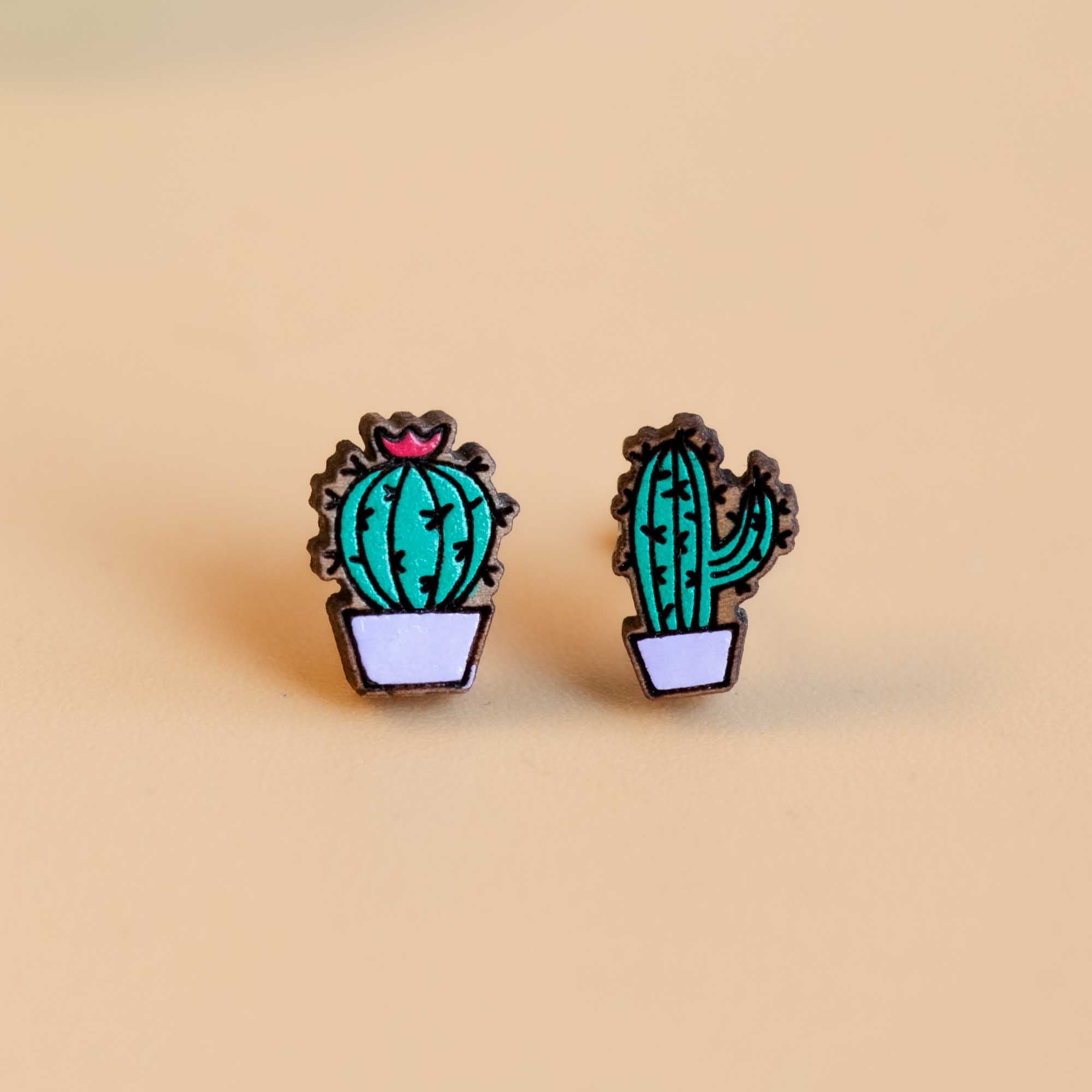 Hand Painted Cactus Cherry Wood Stud Earrings - PEO14046 - Robin Valley Official Store
