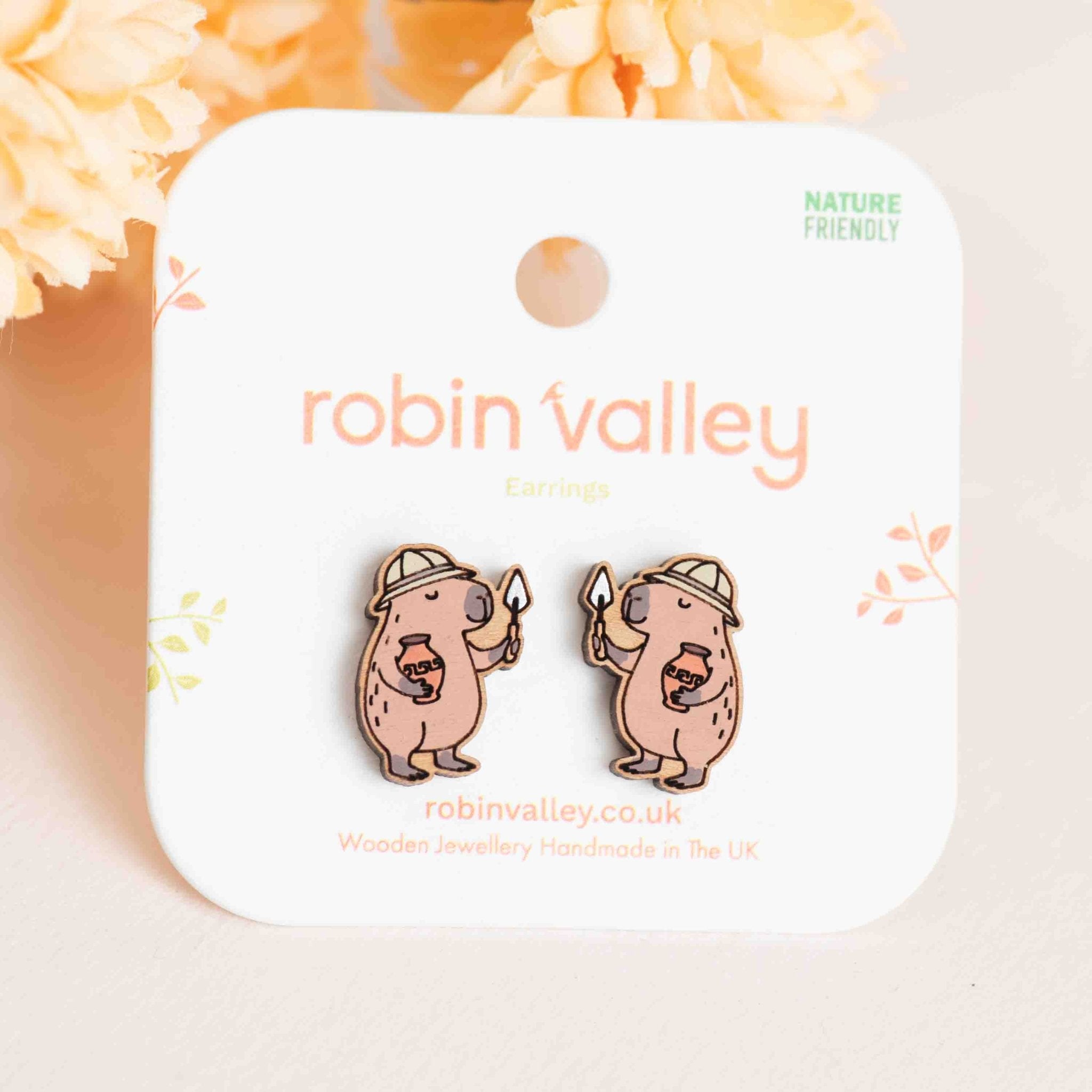Hand - painted Capybara Archaeologist Wooden Stud Earrings - PEL10473 - Robin Valley Official Store