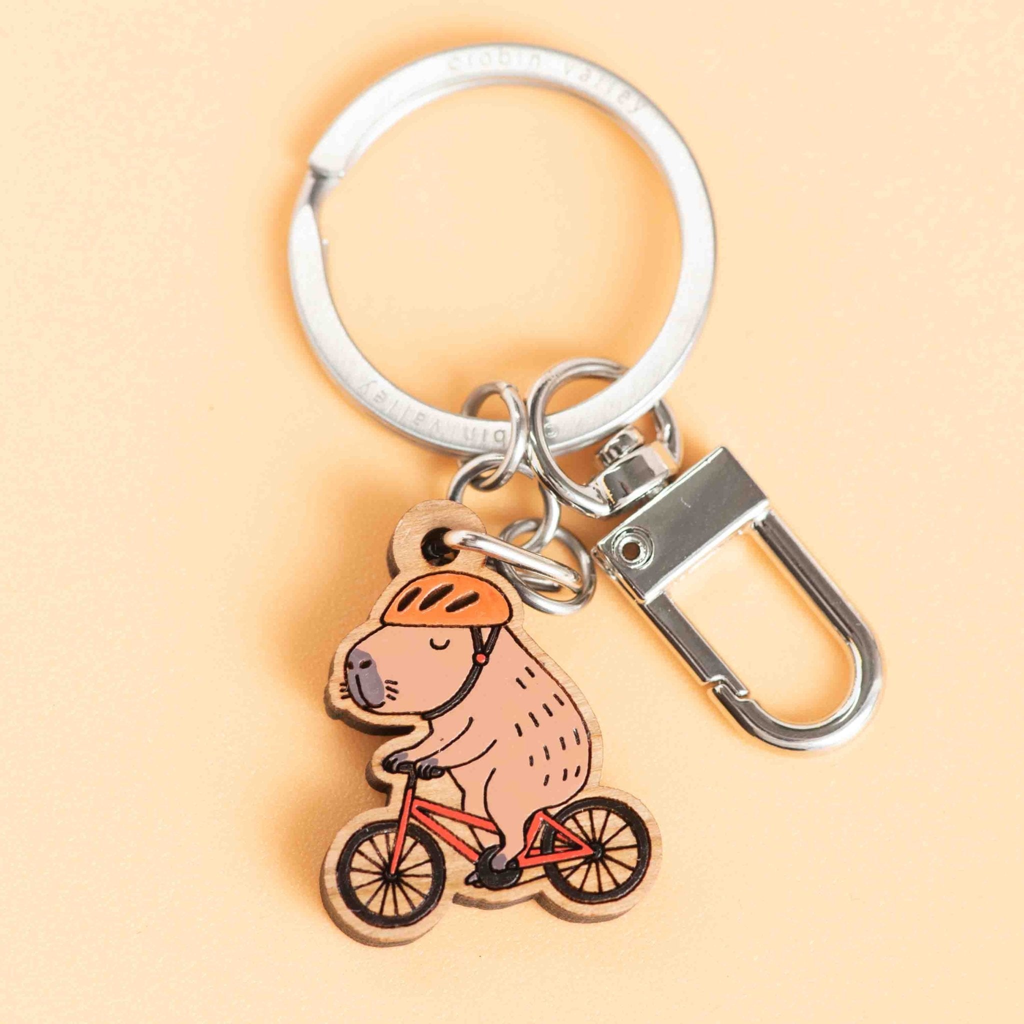 Hand - painted Capybara Cyclist Wooden Keyring - KL20499 - Robin Valley Official Store