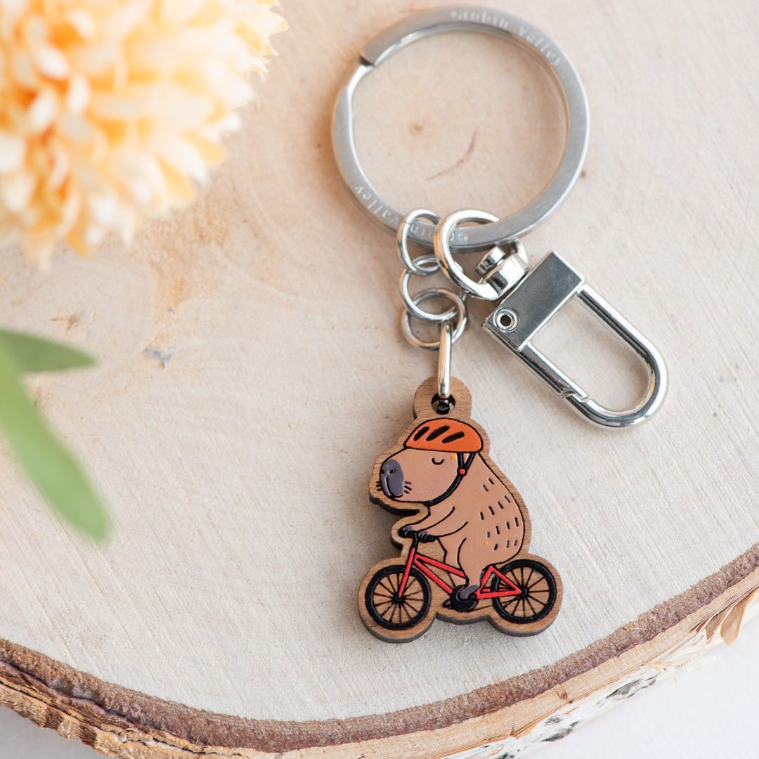 Hand - painted Capybara Cyclist Wooden Keyring - KL20499 - Robin Valley Official Store
