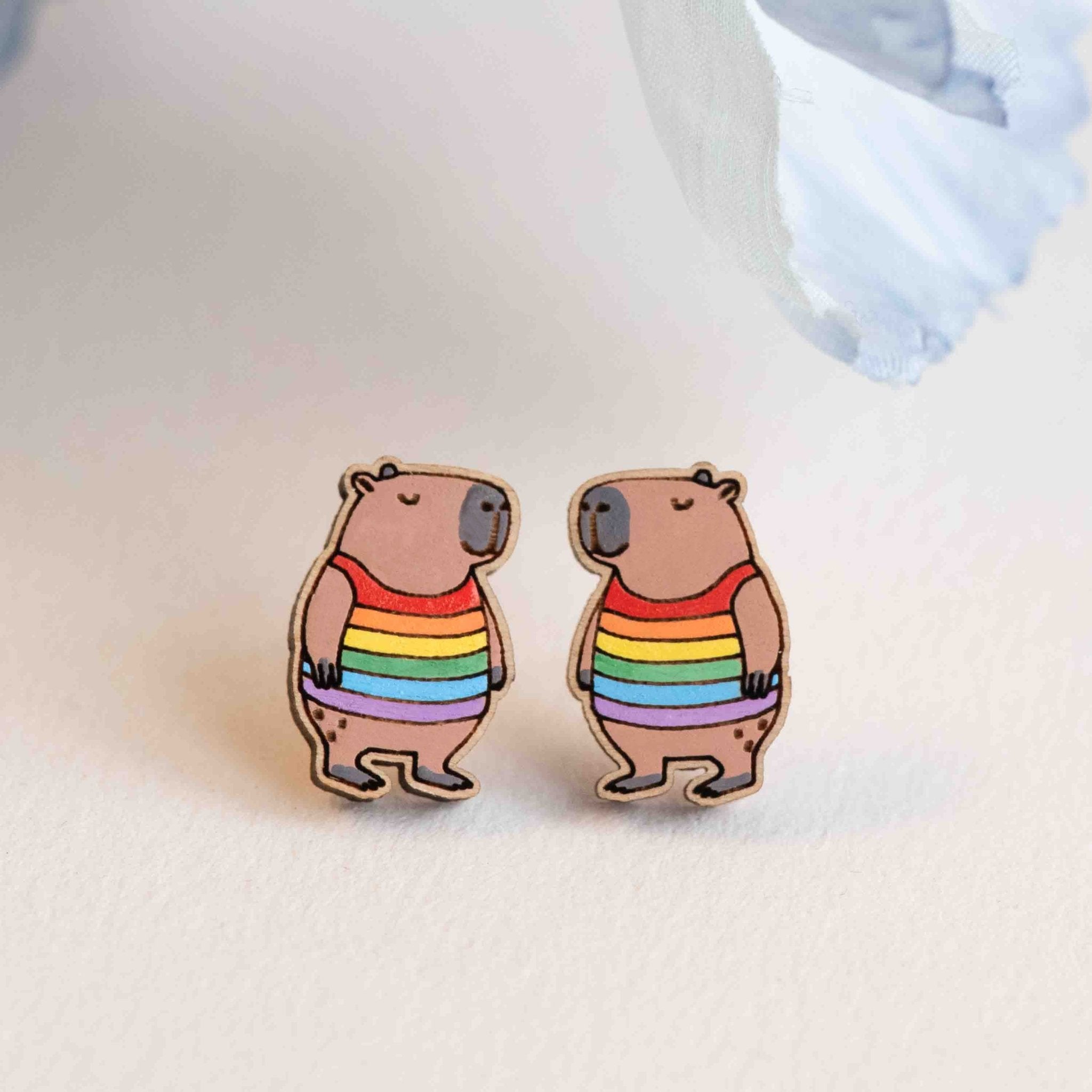 Hand - painted Capybara in Rainbow Jumper Wooden Stud Earrings - PEL10442 - Robin Valley Official Store