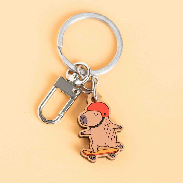 Hand - painted Capybara Skating Wooden Keyring - KL20500 - Robin Valley Official Store
