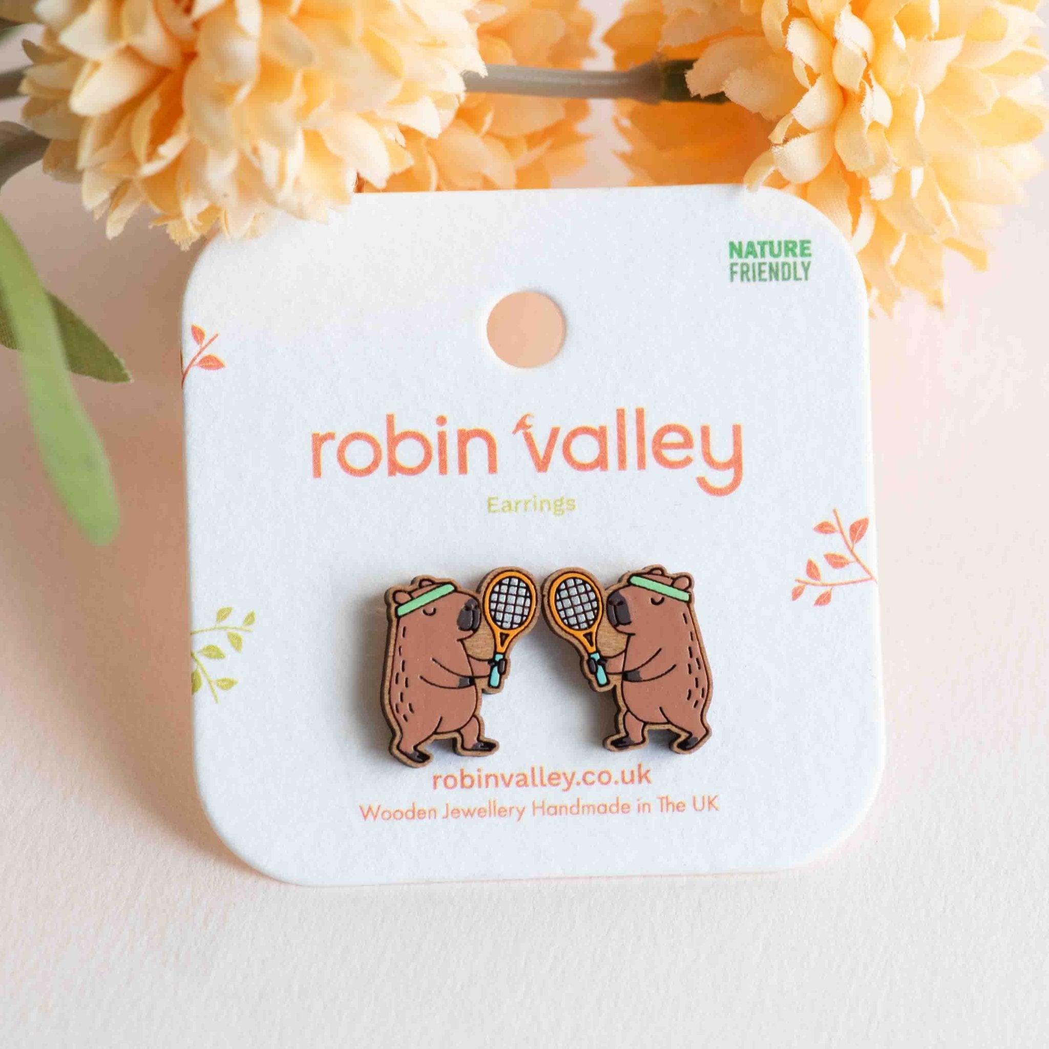 Hand - painted Capybara Tennis Player Wooden Stud Earrings - PEL10496 - Robin Valley Official Store