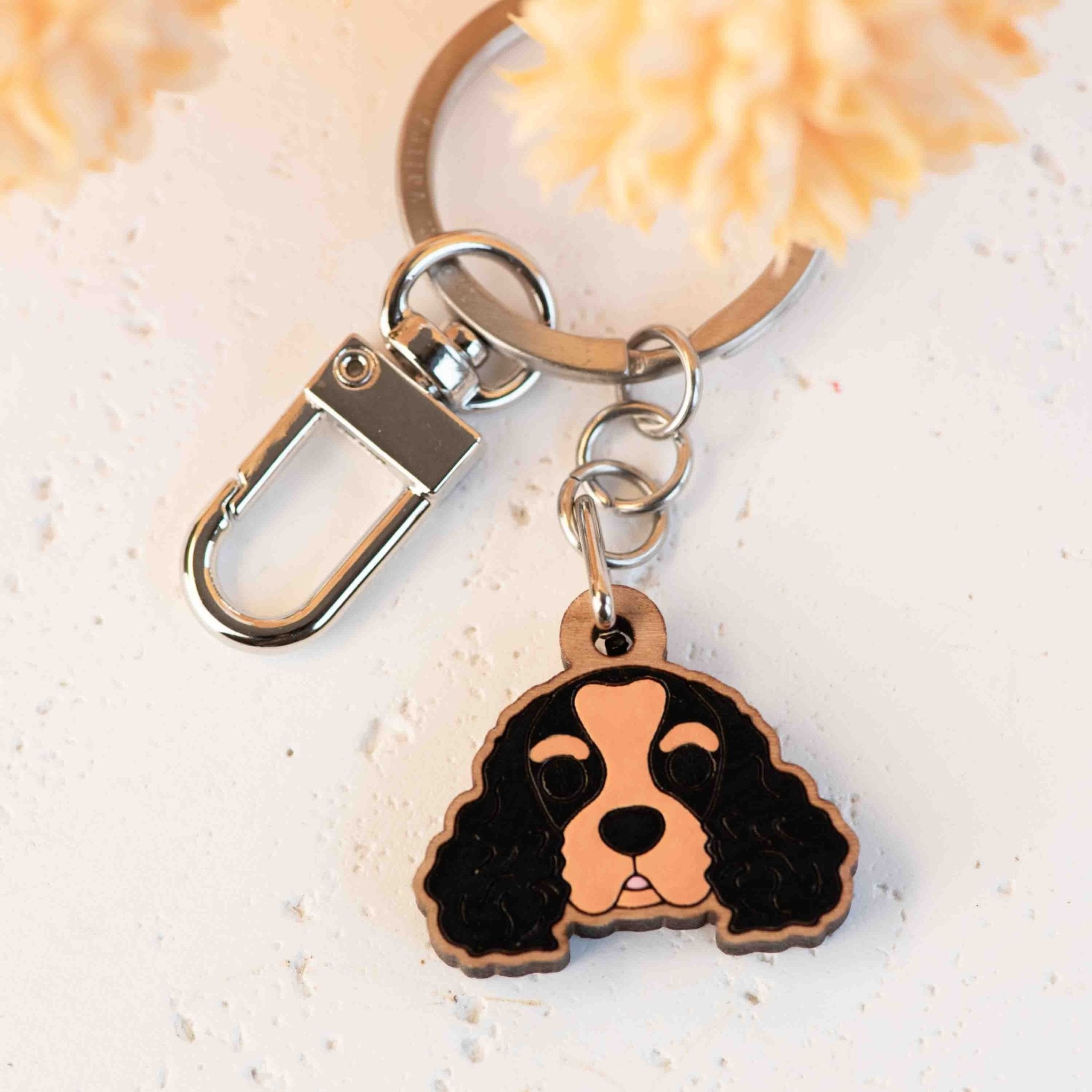Hand - painted Cavalier King Charles Spaniel Black Dog Wooden Keyring - KL20370 - Robin Valley Official Store