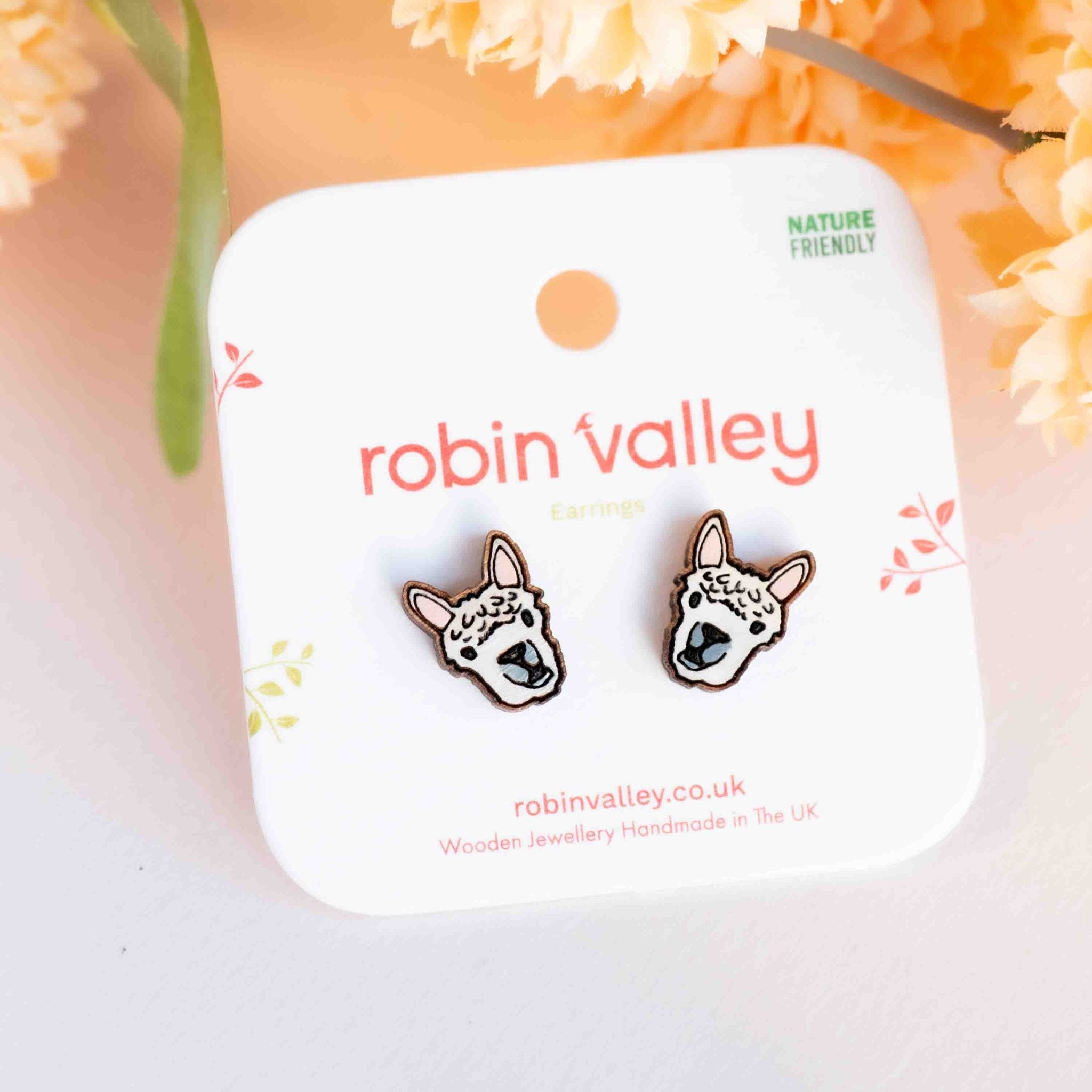 Hand - painted Chewing Llama Alpaca Wooden Stud Earrings - PEL10412 - Robin Valley Official Store
