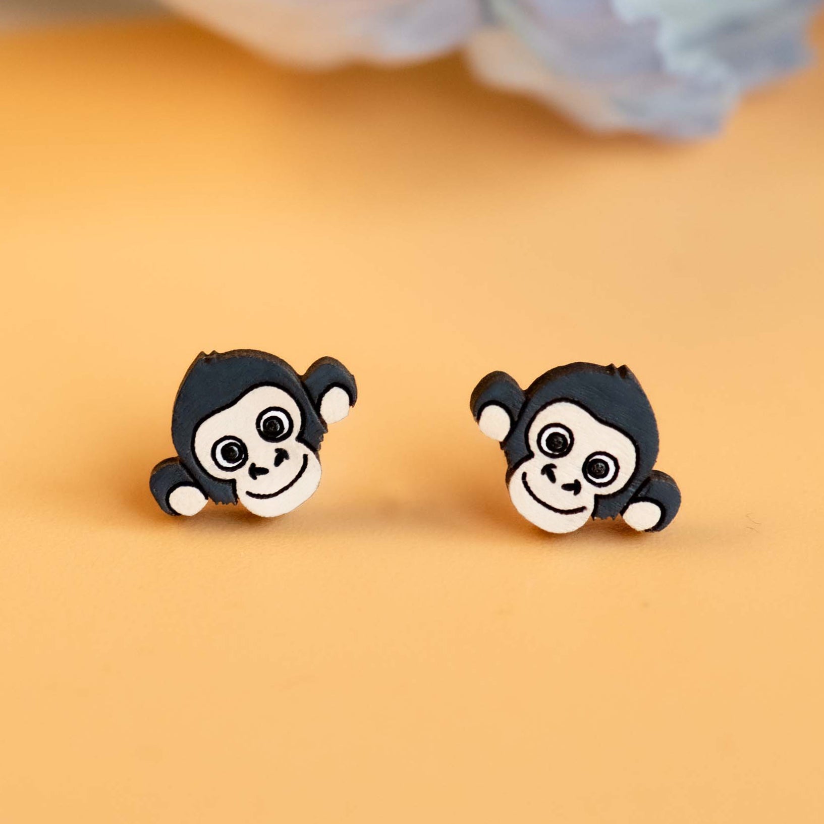Hand - painted Chimpanzee Wooden Stud Earrings - PEL10303 - Robin Valley Official Store