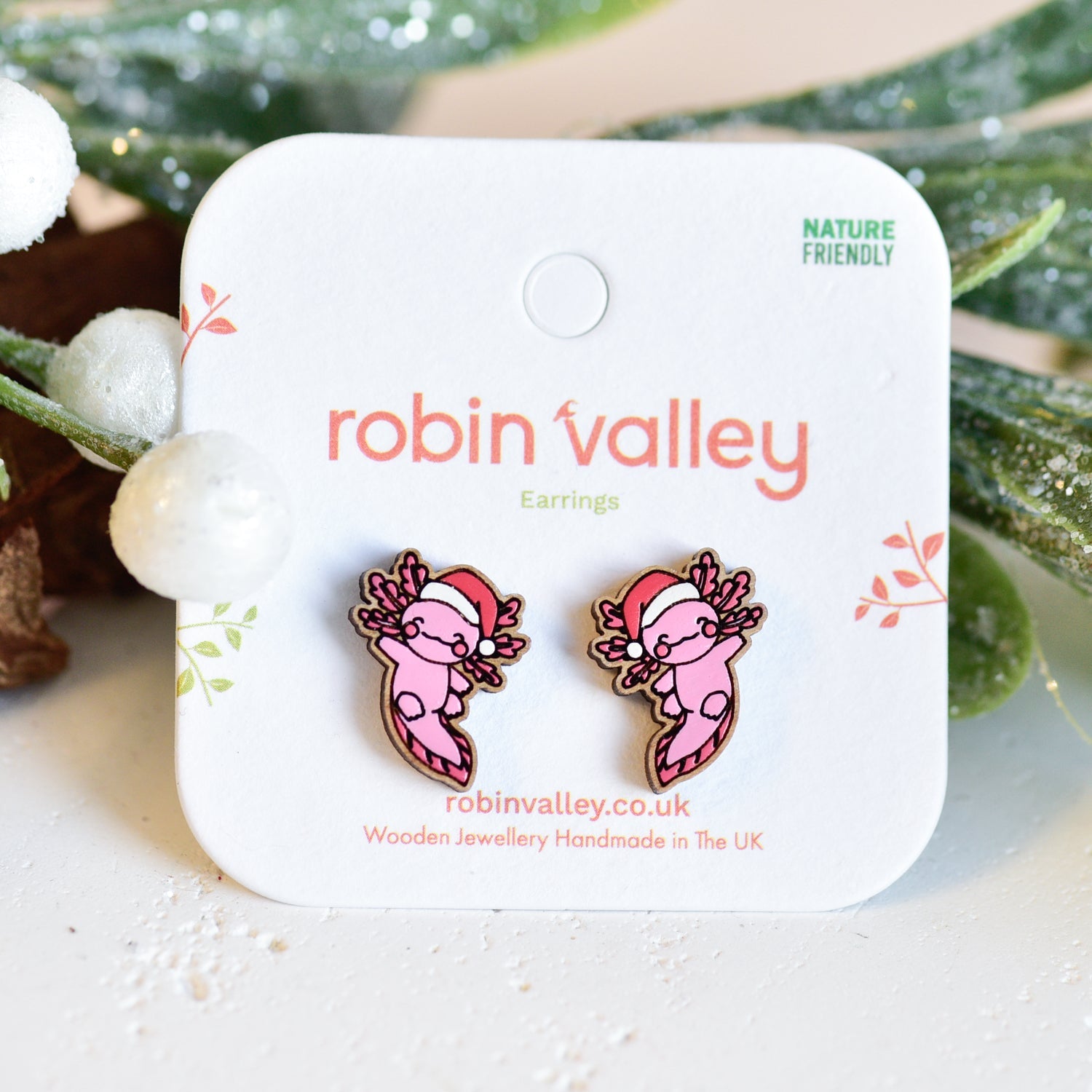 Hand - painted Christmas Axolotl Wooden Stud Earrings - PES13115 - Robin Valley Official Store