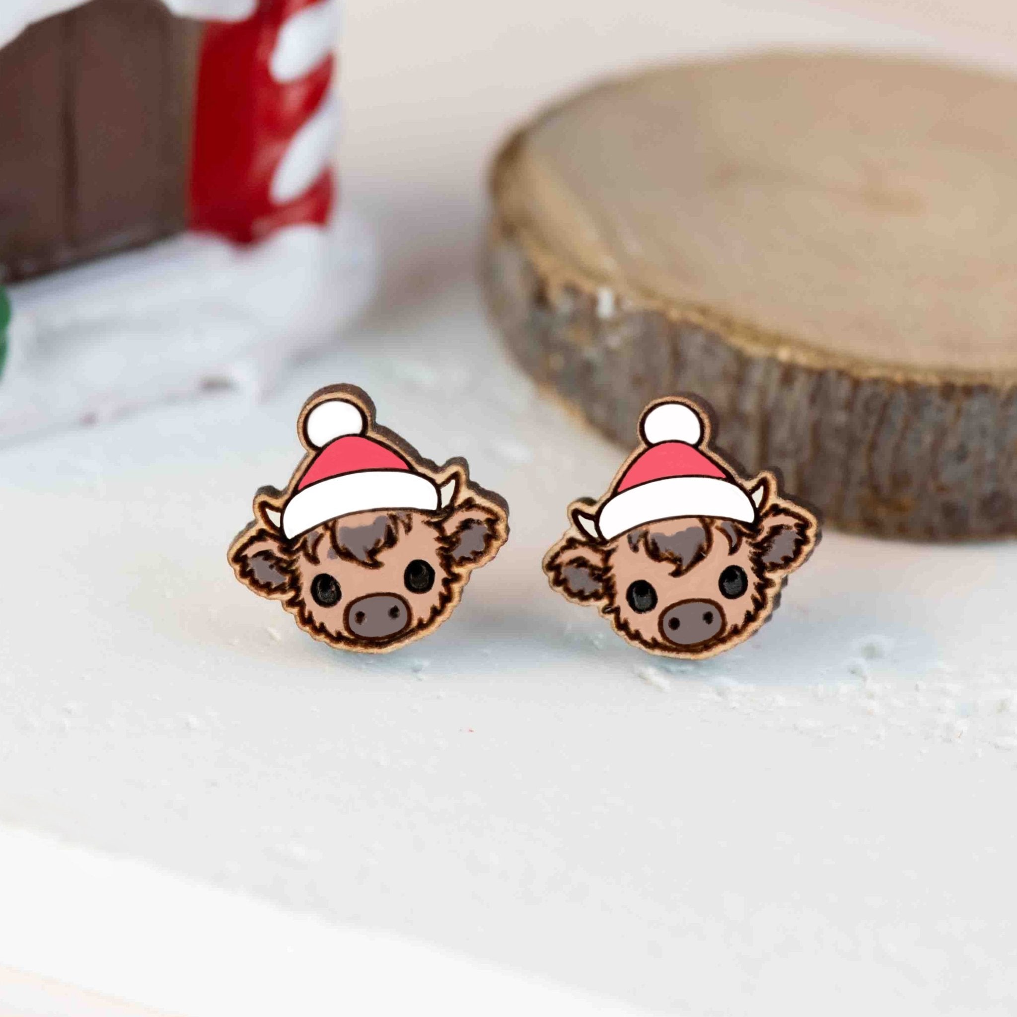 Hand - painted Christmas Baby Highland Cow Earrings - PEL10348X - Robin Valley Official Store