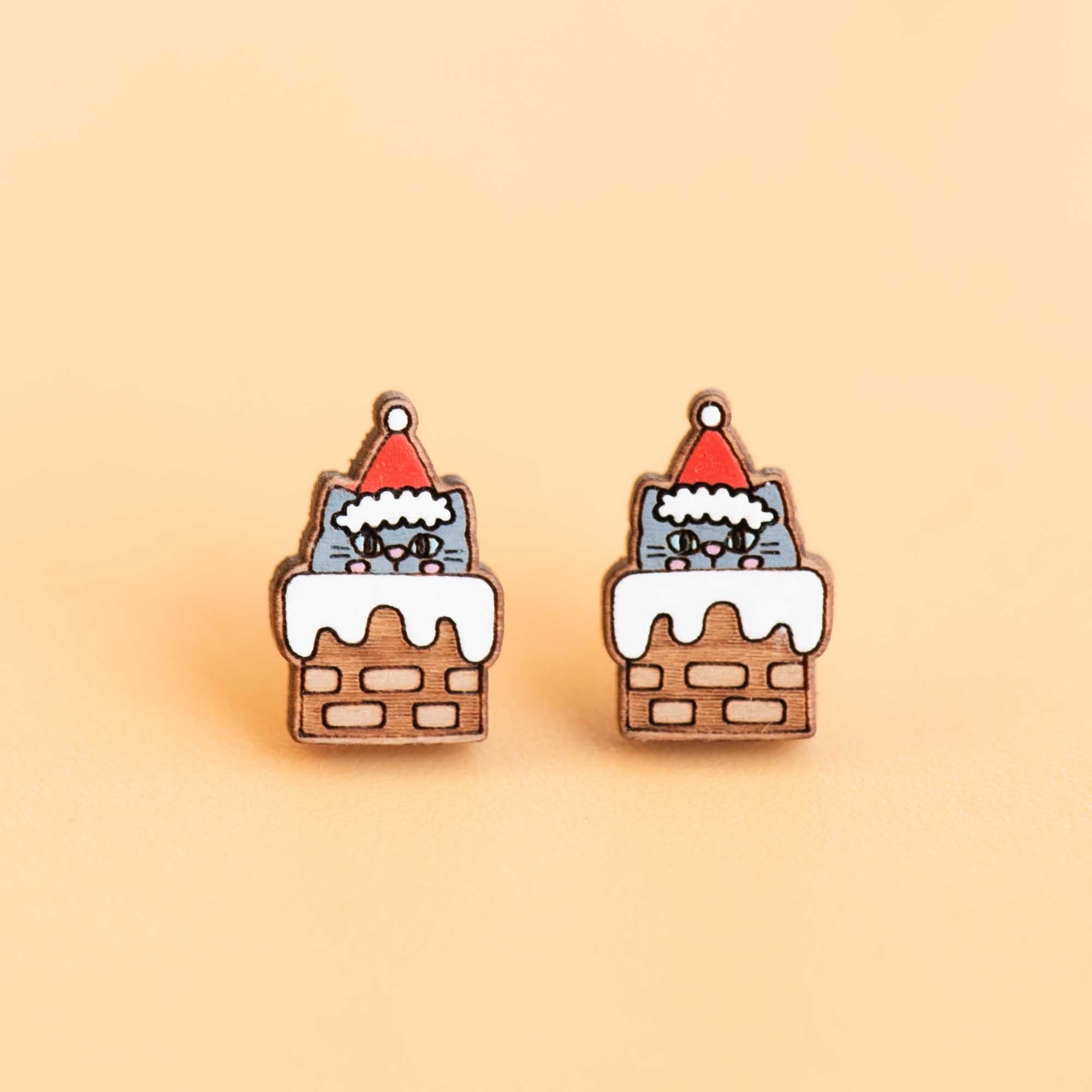Hand - painted Christmas Cat in Chimney Wooden Earrings - PEL10341 - Robin Valley Official Store
