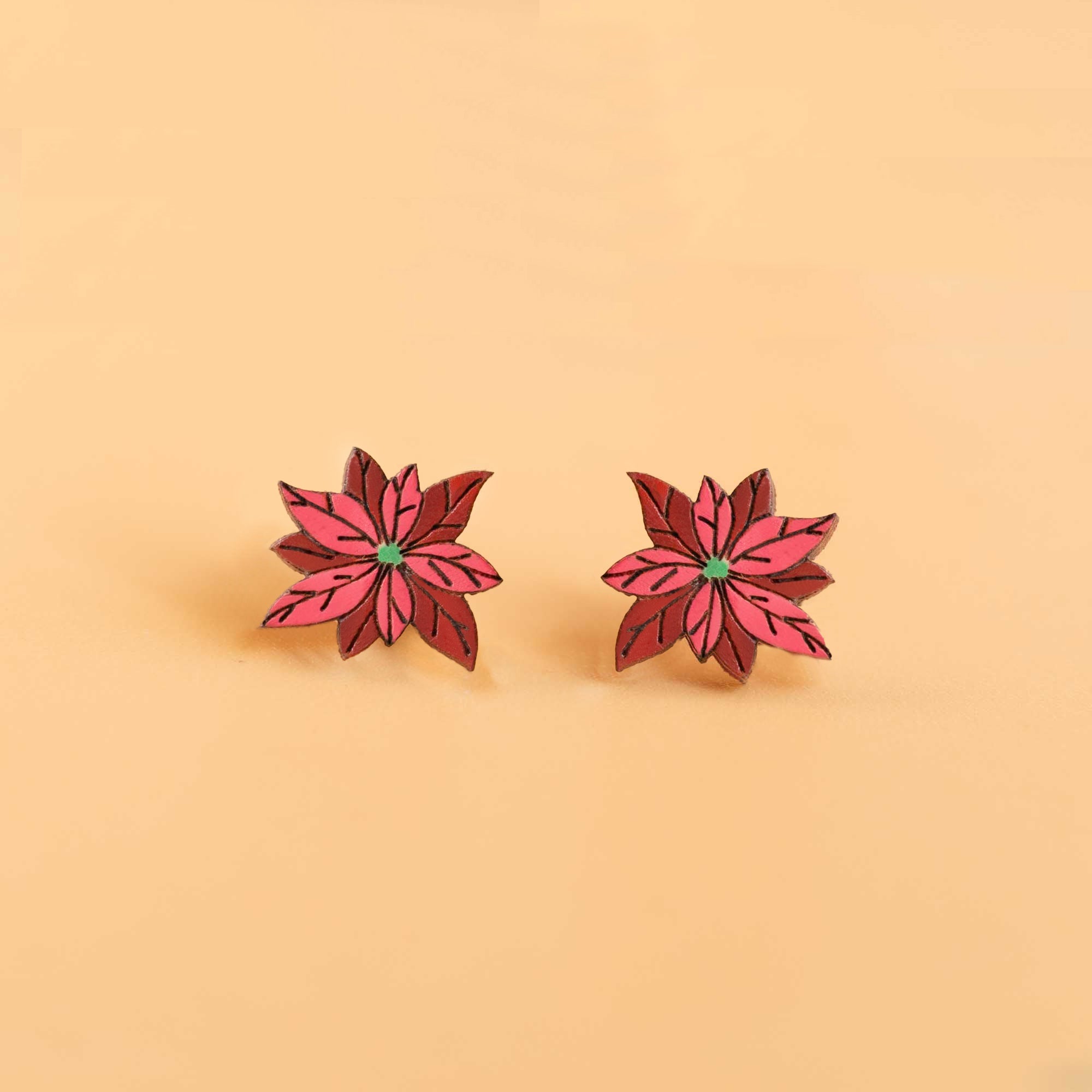 Hand - painted Christmas Poinsettia Wooden Earrings - PEO14161 - Robin Valley Official Store