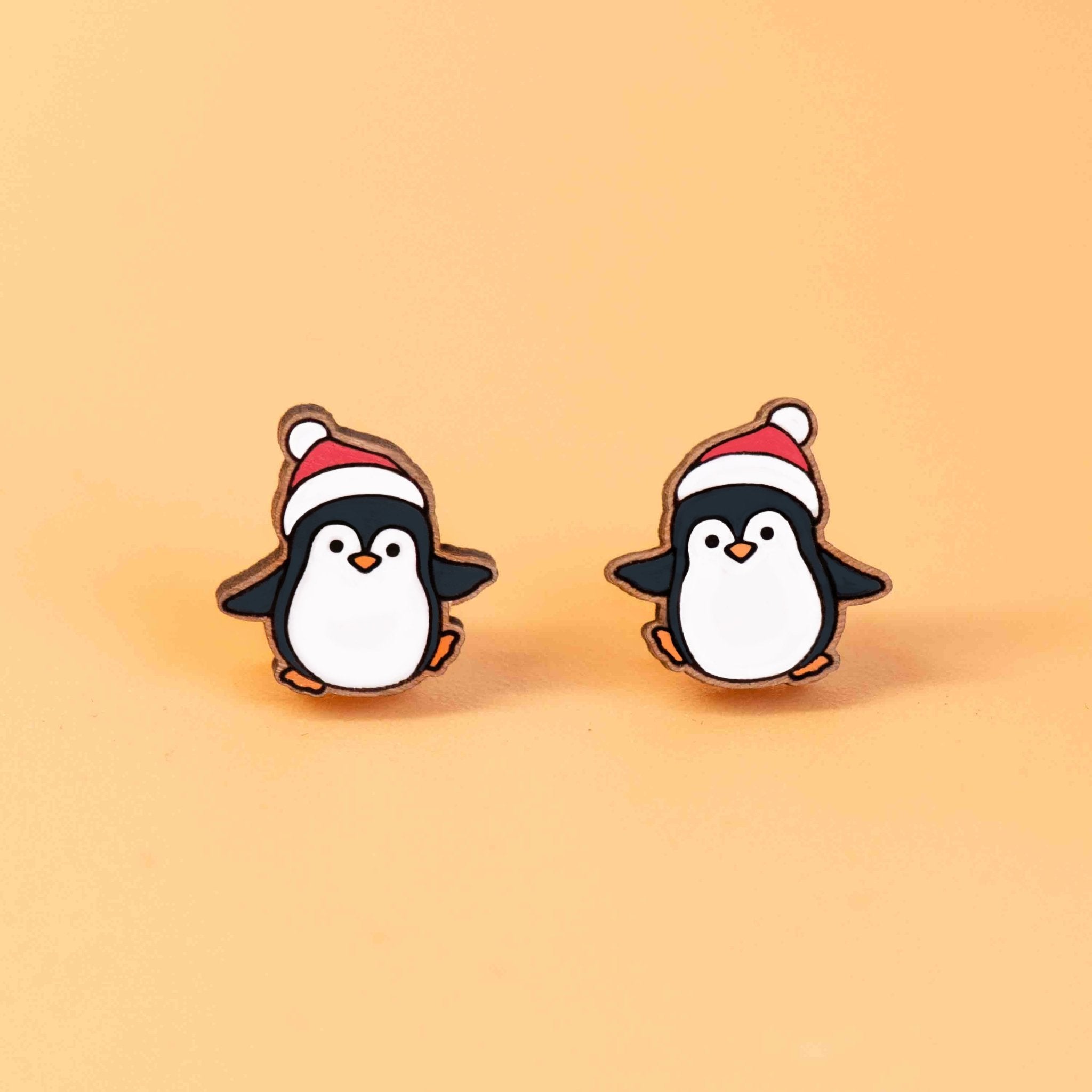 Hand - painted Christmas Walking Penguin Wooden Earrings - PEL10357 - Robin Valley Official Store