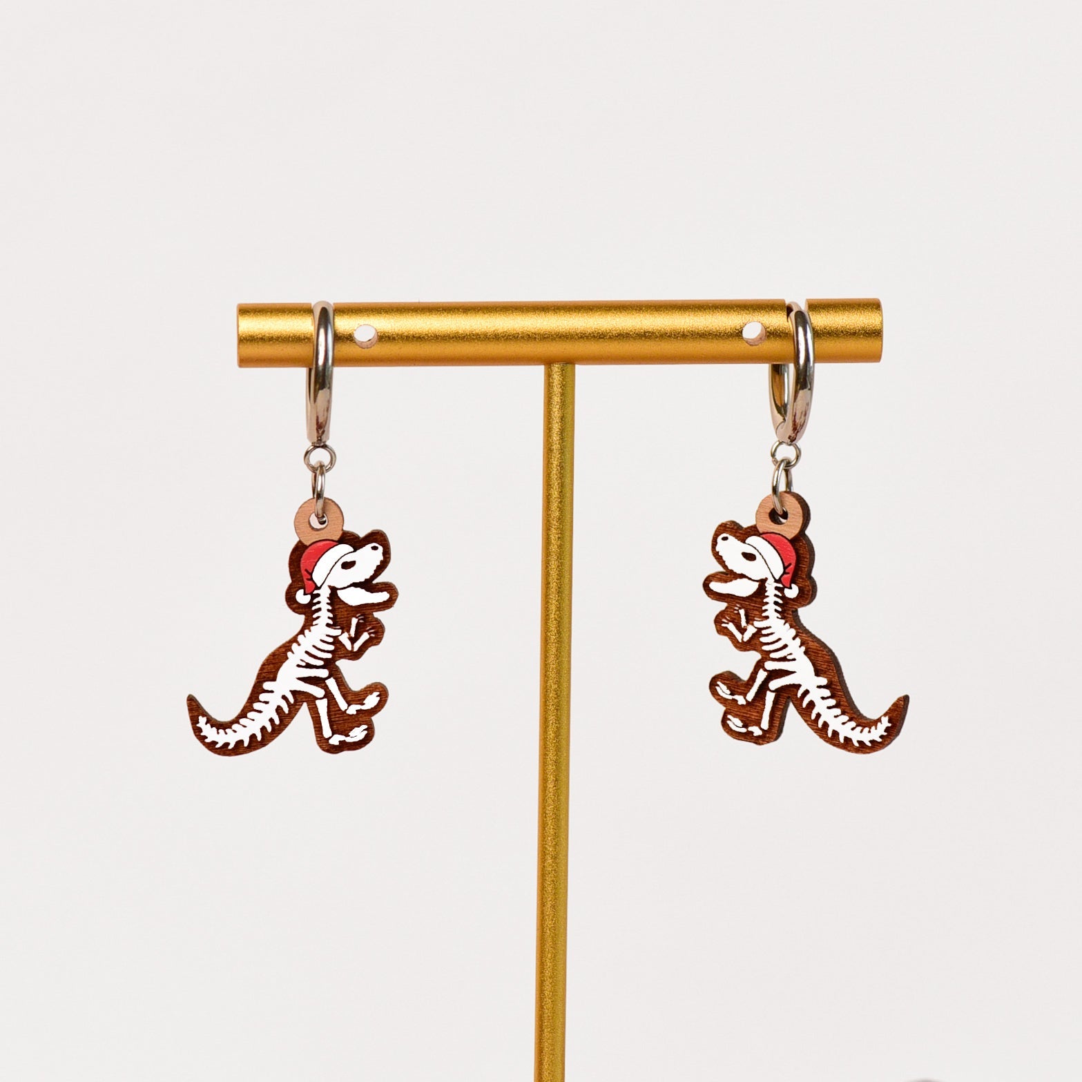 Hand - Painted Christmas Wooden T - rex Skeleton Hoop Earrings - PEO14008H - Robin Valley Official Store