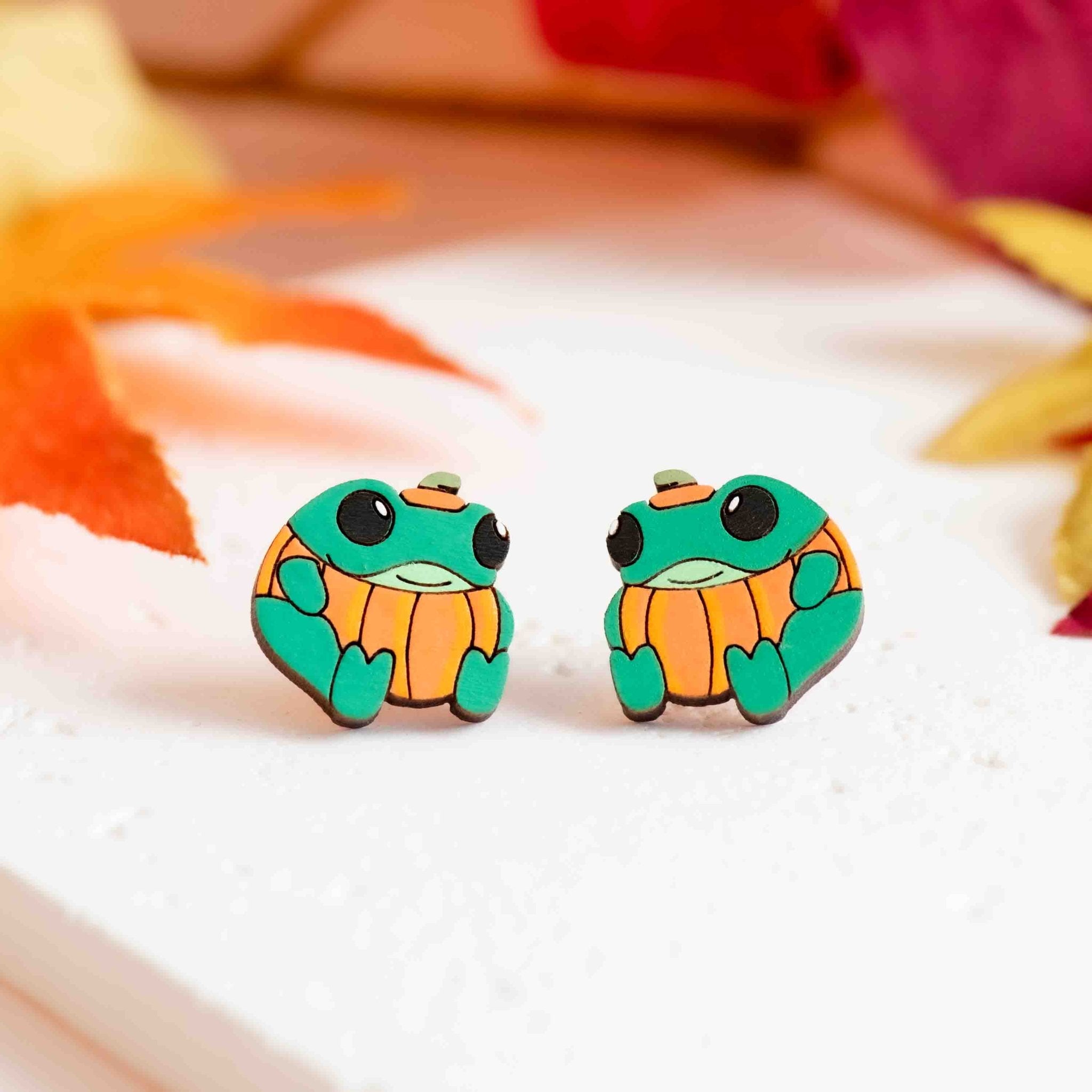 Hand - painted Chubby Pumpkin Frog Wooden Stud Earrings - PEL10488 - Robin Valley Official Store