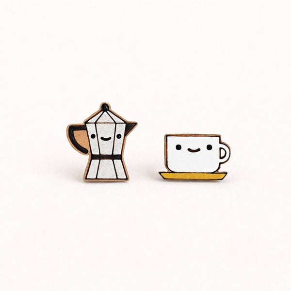 Hand - painted Coffee Friends Wooden Earrings - Robin Valley Official Store