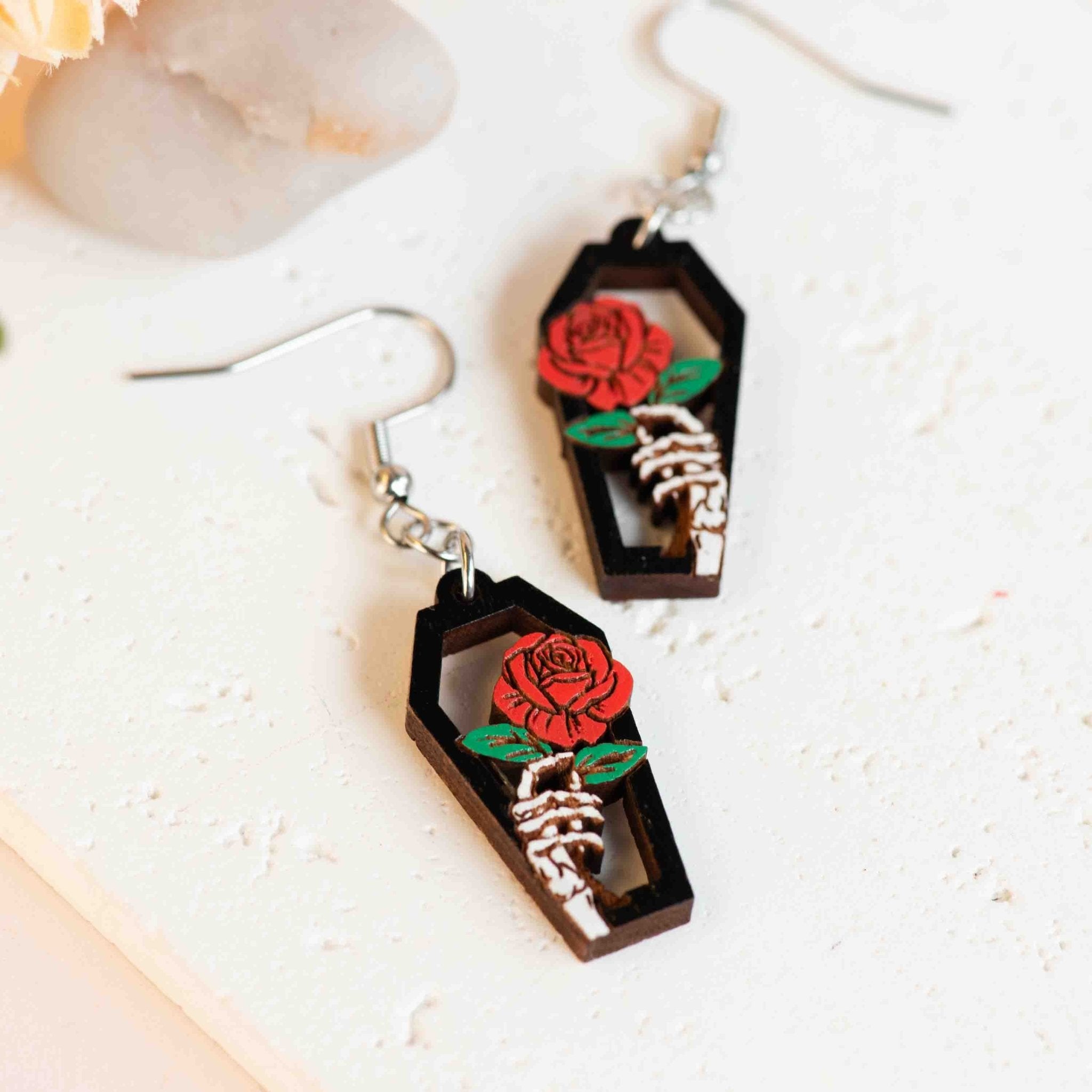 Hand - painted Coffin Hand Rose Wooden Hook Earrings - PET15483D - Robin Valley Official Store