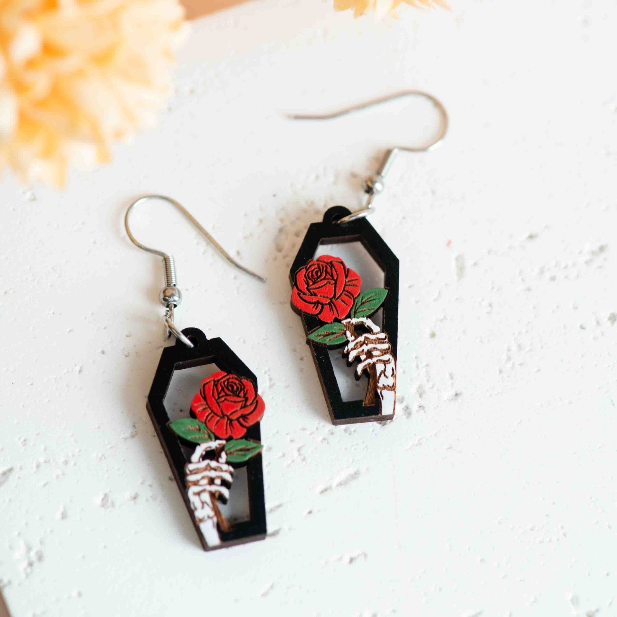 Hand - painted Coffin Hand Rose Wooden Hook Earrings - PET15483D - Robin Valley Official Store