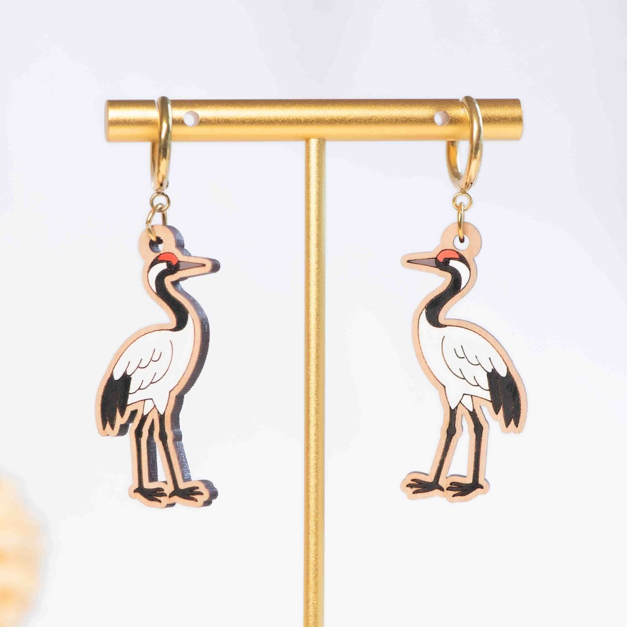 Hand - painted Crane Wooden Hoop Earrings - PEB12116D - Robin Valley Official Store