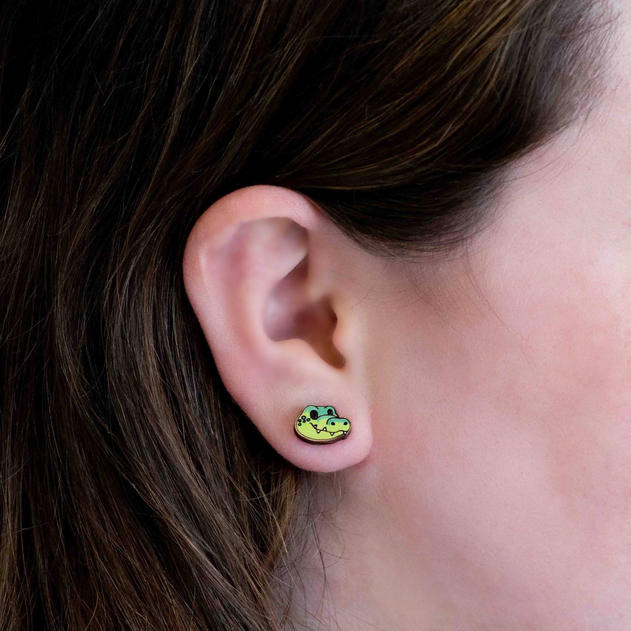 Hand - painted Crocodile Cherry Wood Stud Earrings - PES13048 - Robin Valley Official Store