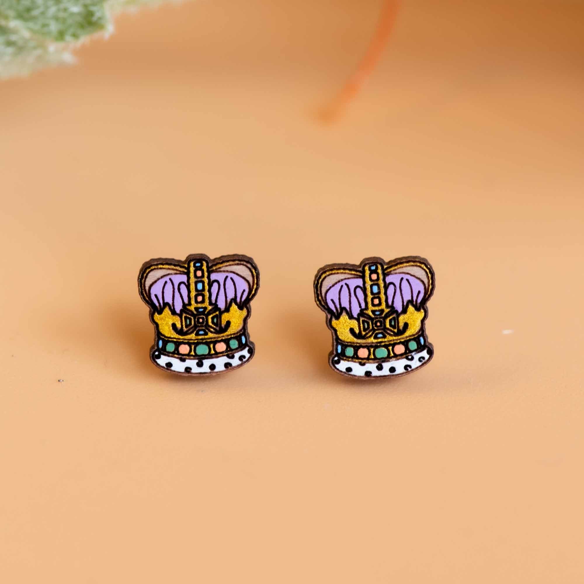 Hand - painted Crown Wooden Earrings - PET15280 - Robin Valley Official Store