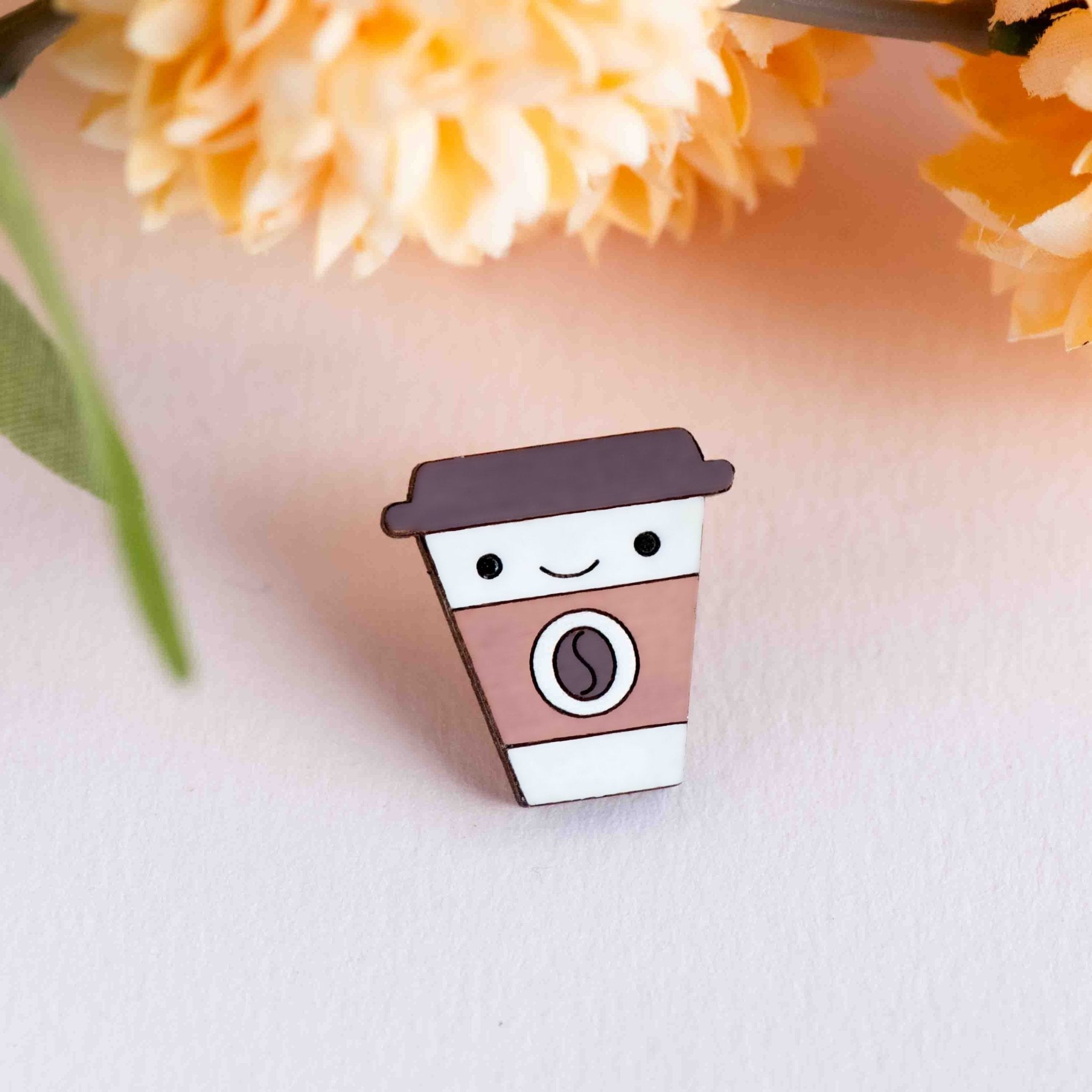 Hand - painted Cute Coffee Cup Wooden Pin Badge - PT45427 - Robin Valley Official Store