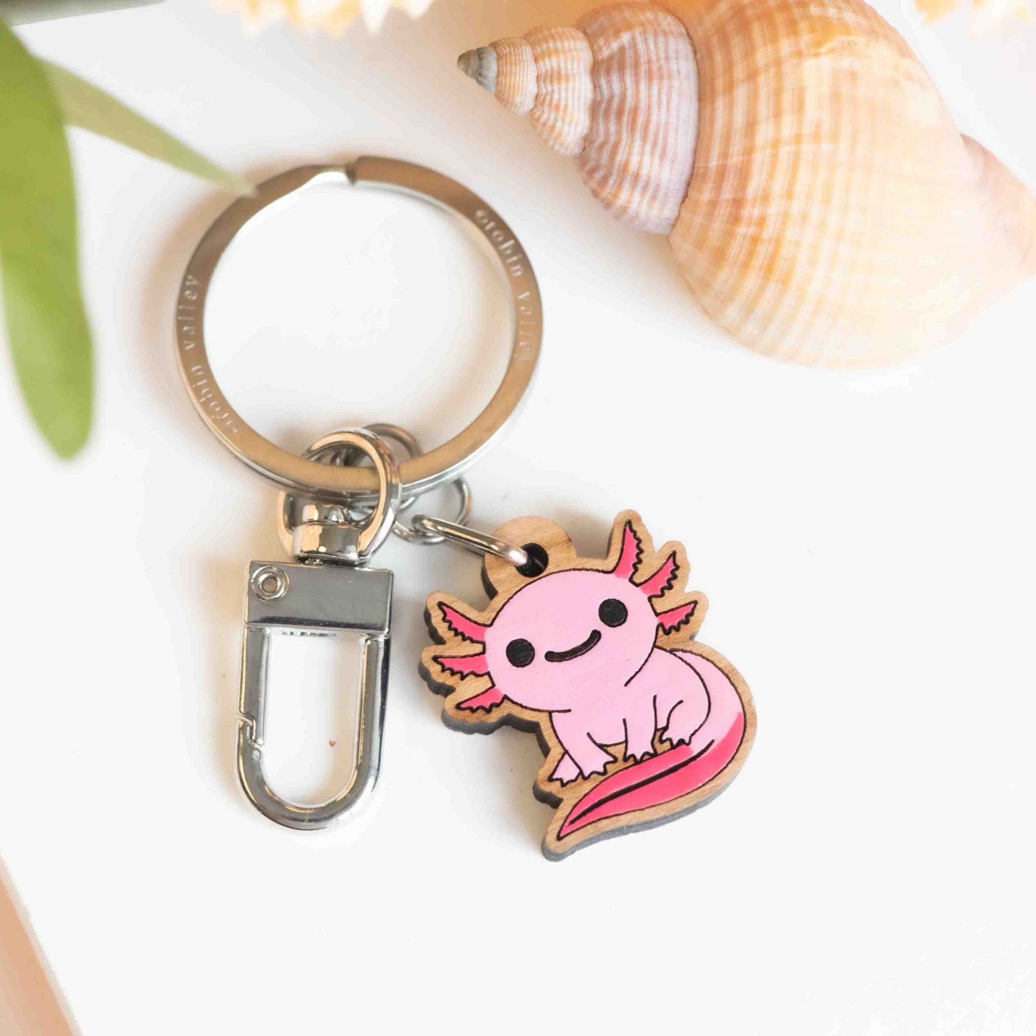 Hand - painted Cute Sitting Axolotl Wooden Keyring - KS23133 (Pink) - Robin Valley Official Store