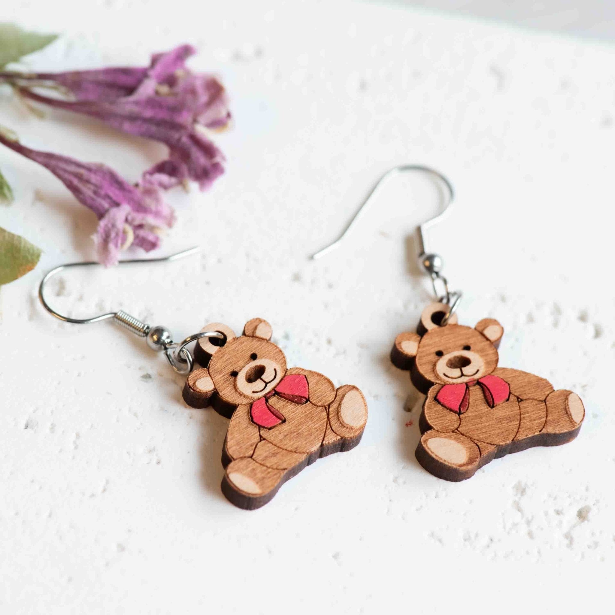 Hand - painted Cute Teddy Bear Wooden Hoop Earrings - PEL10095D - Robin Valley Official Store