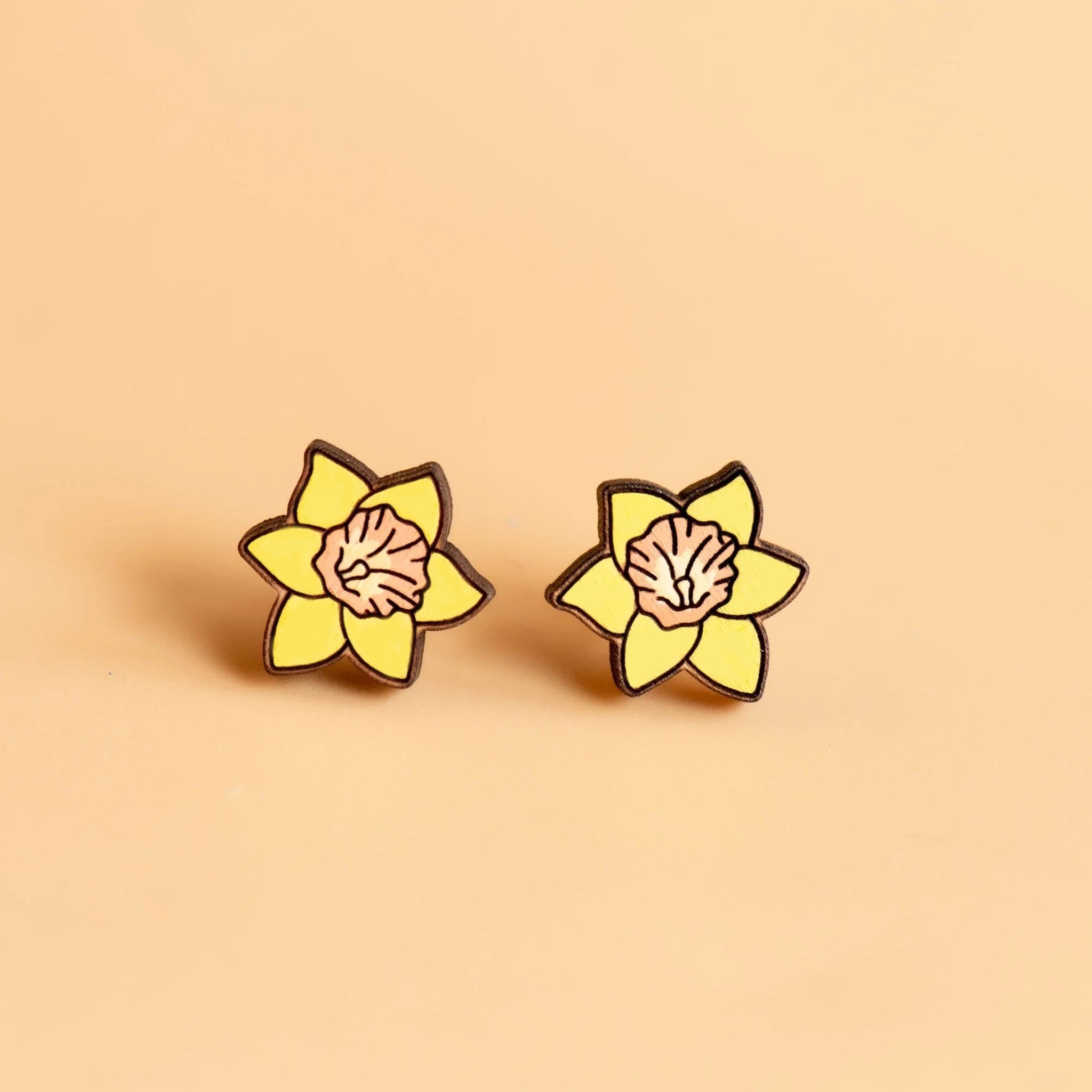 Hand - painted Daffodil Flower Cherry Wood Stud Earrings - PEO14077 - Robin Valley Official Store