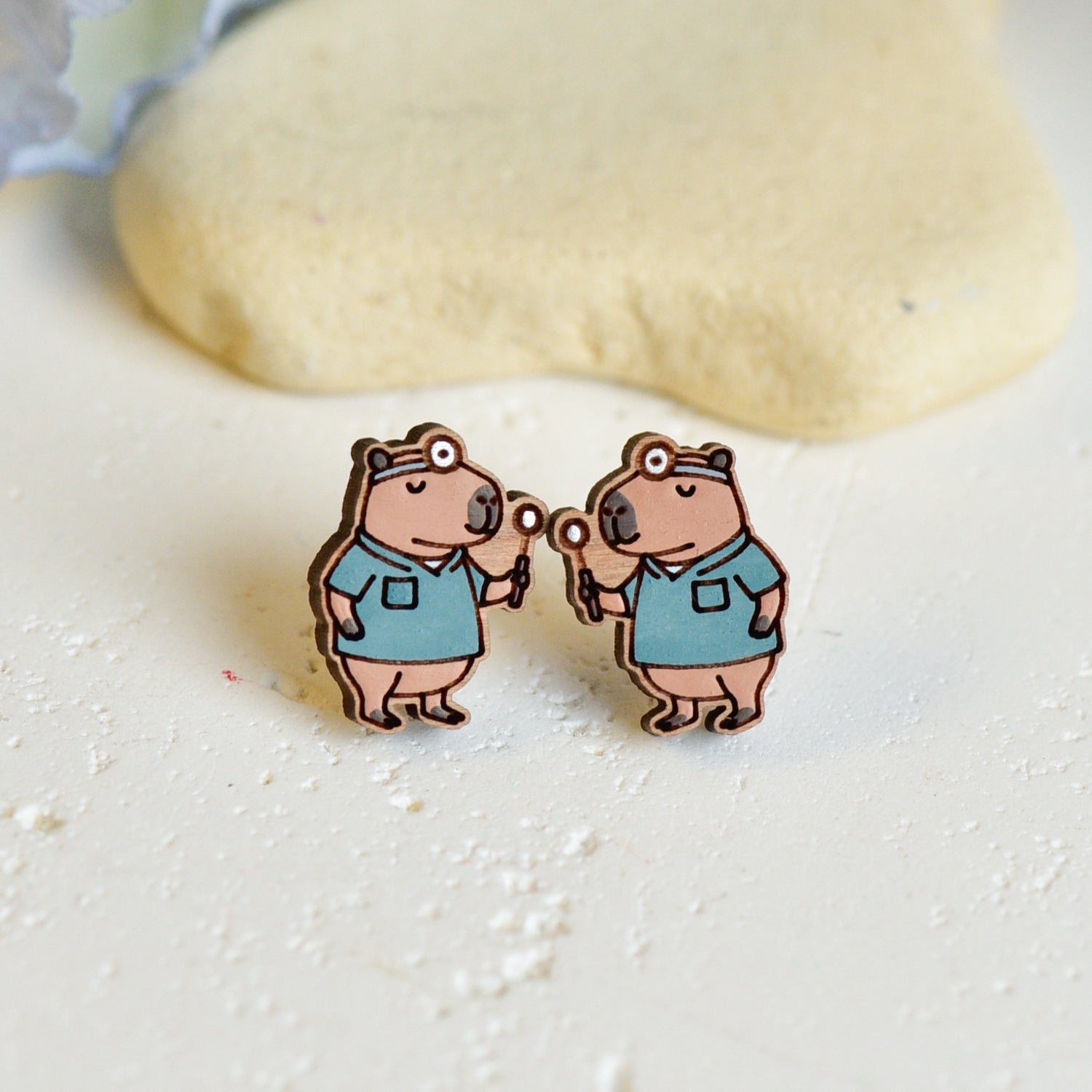 Hand - painted Dentist Capybara Wooden Earrings - Robin Valley Official Store