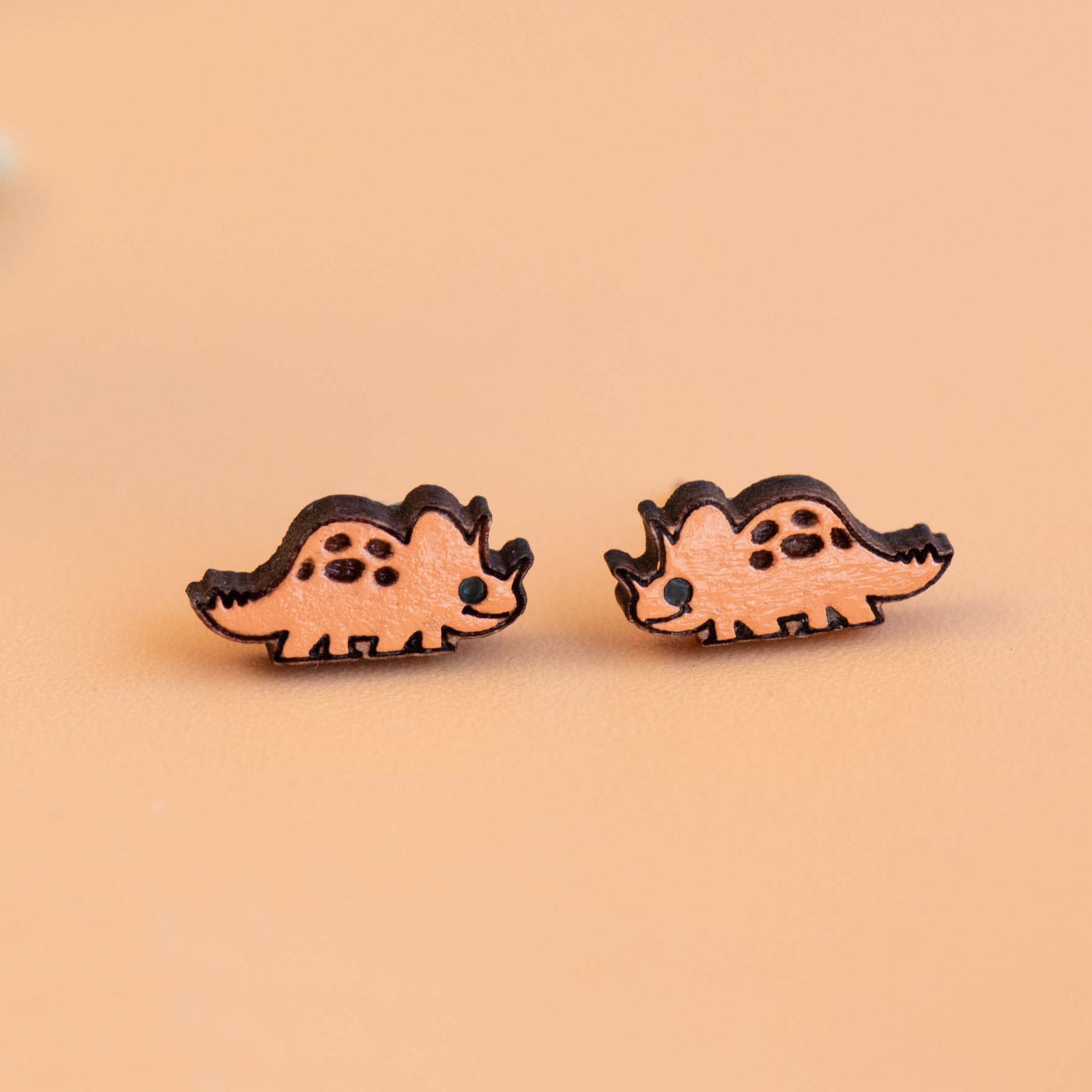 Hand - painted Doodle Triceratops Wooden Earrings - PEO14009 - Robin Valley Official Store