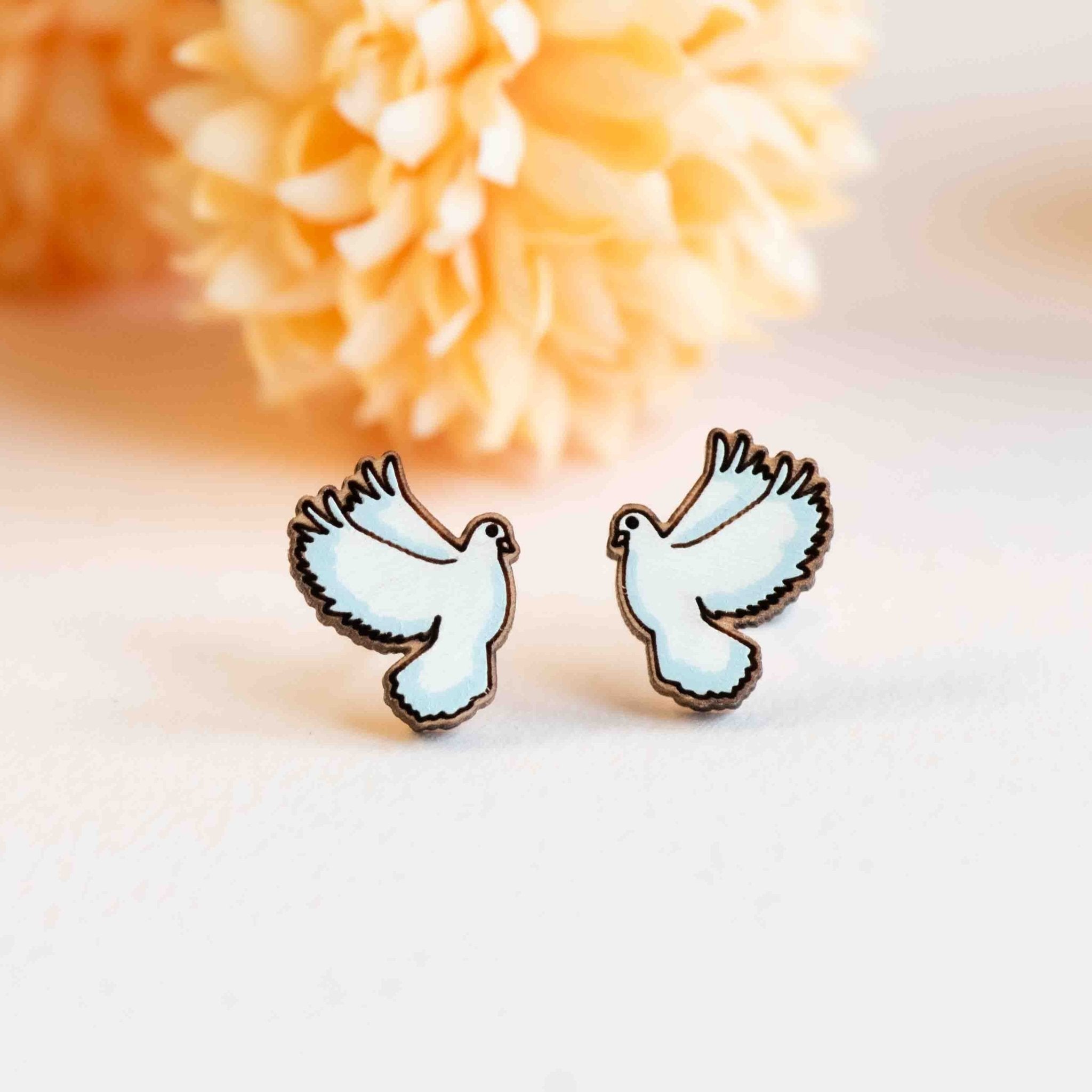 Hand - painted Dove Wooden Stud Earrings - PEB12094 - Robin Valley Official Store