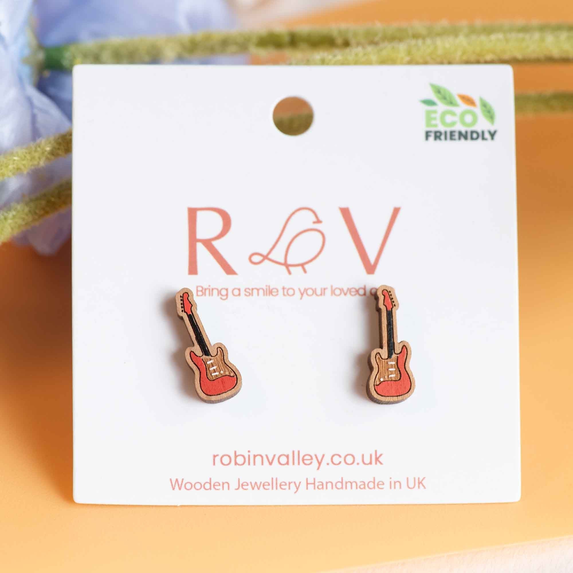 Hand - painted Electric Guitar Wooden Stud Earrings - PET15092 - Robin Valley Official Store