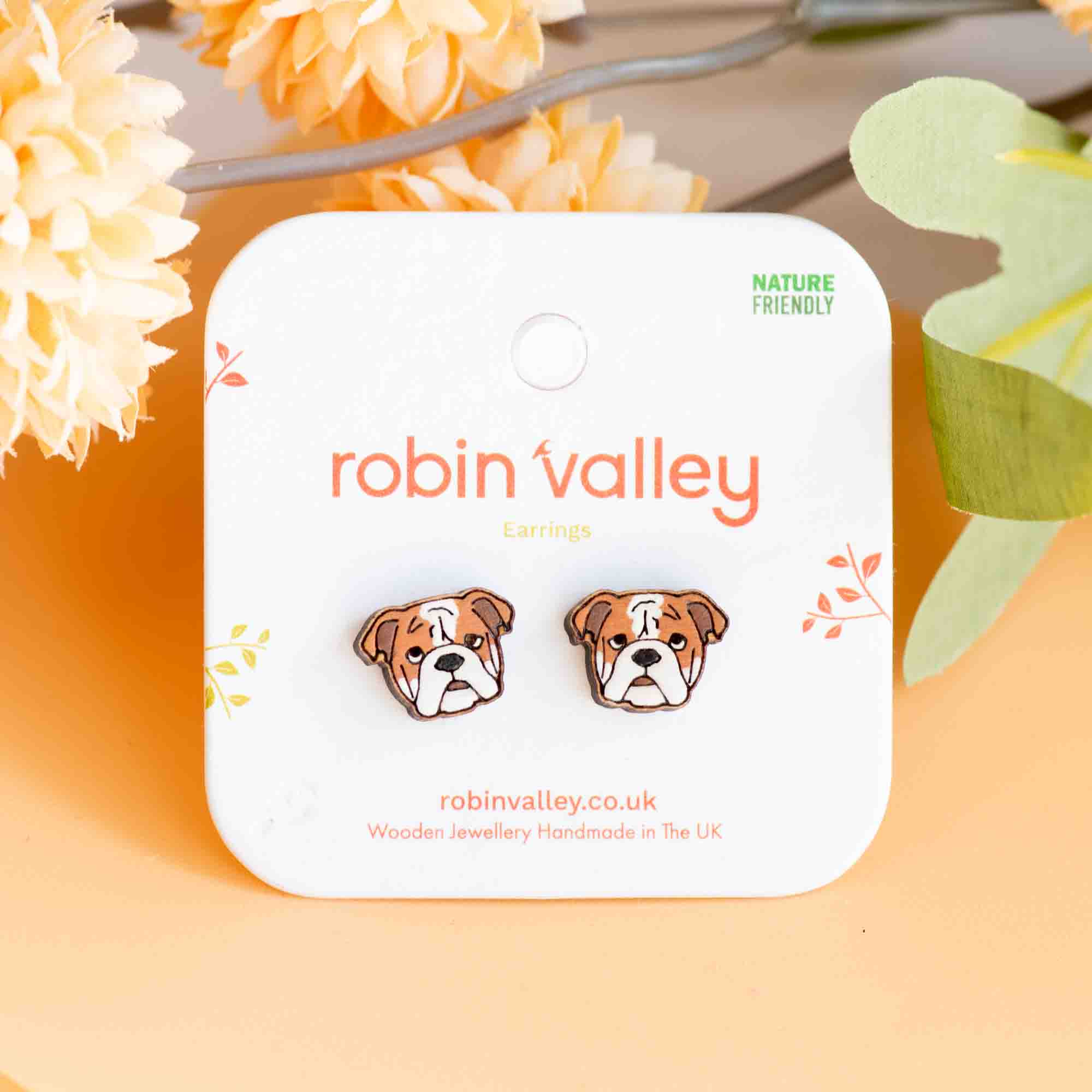 Hand - painted English Bull Wooden Earrings - PEL10321 - Robin Valley Official Store