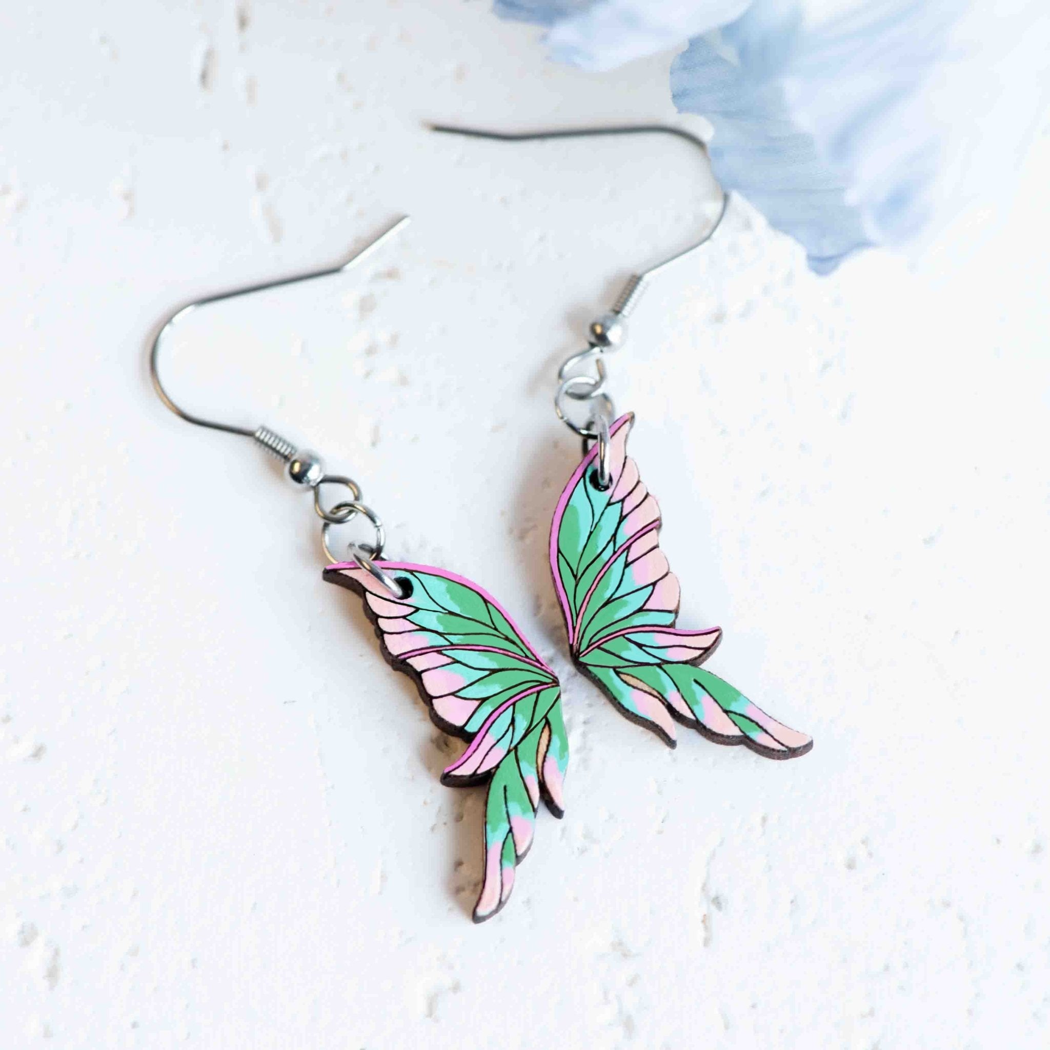 Hand - painted Fairy Wings Wooden Hook Earrings - PEO14219D - Robin Valley Official Store