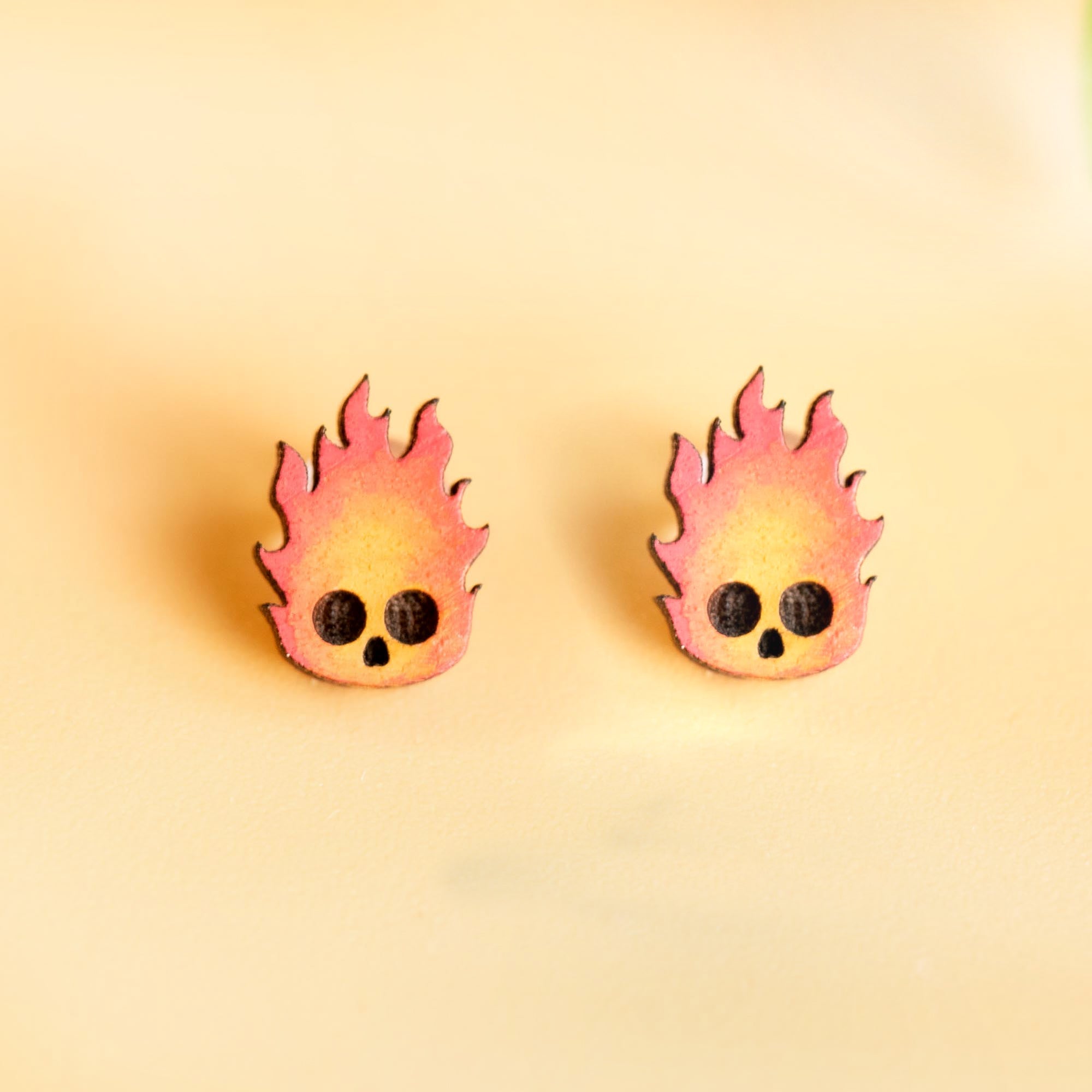 Hand - painted Fire Spirit Wooden Stud Earrings - PET15245 - Robin Valley Official Store
