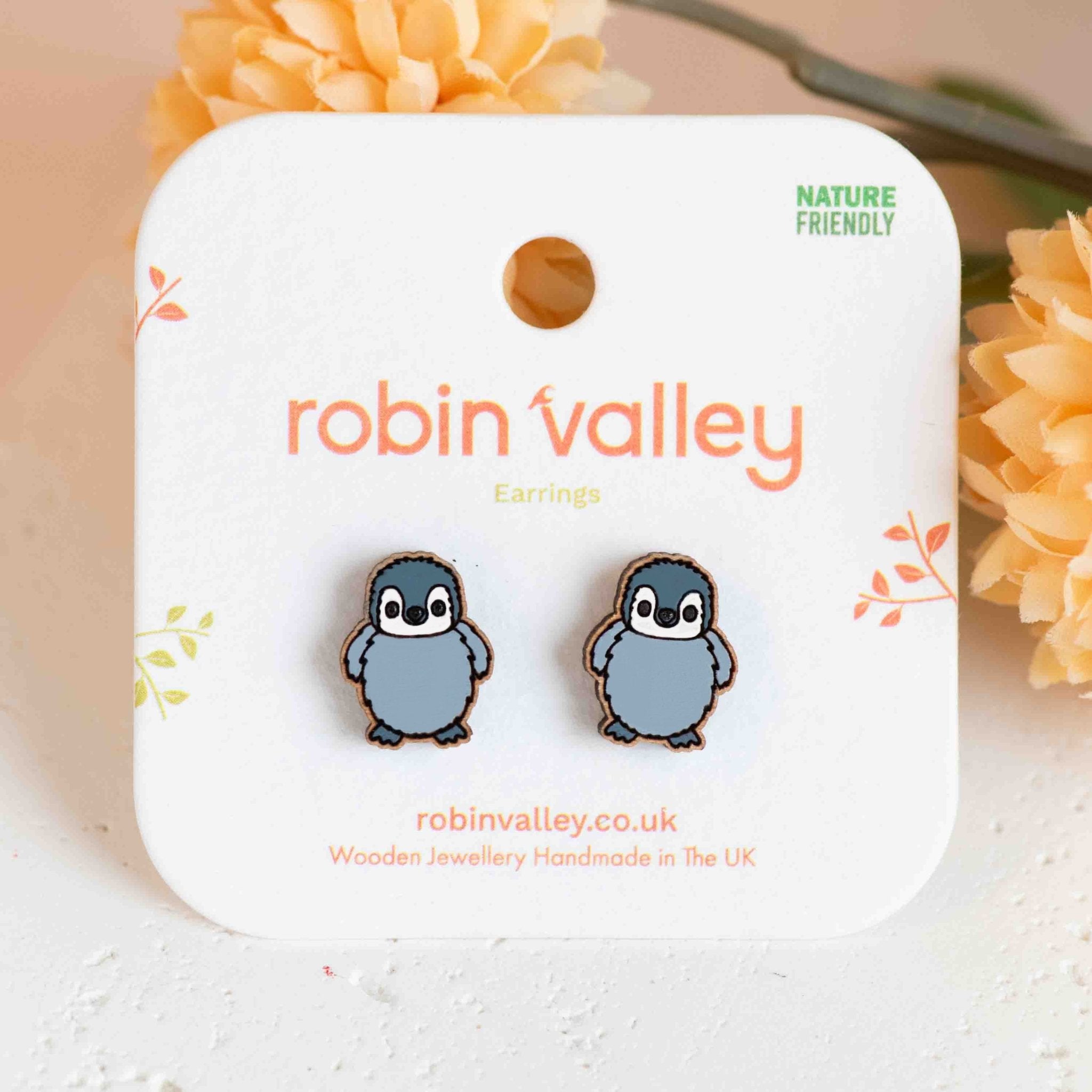 Hand - painted Fluffy Baby Penguin Wooden Stud Earrings - PEB12126 - Robin Valley Official Store